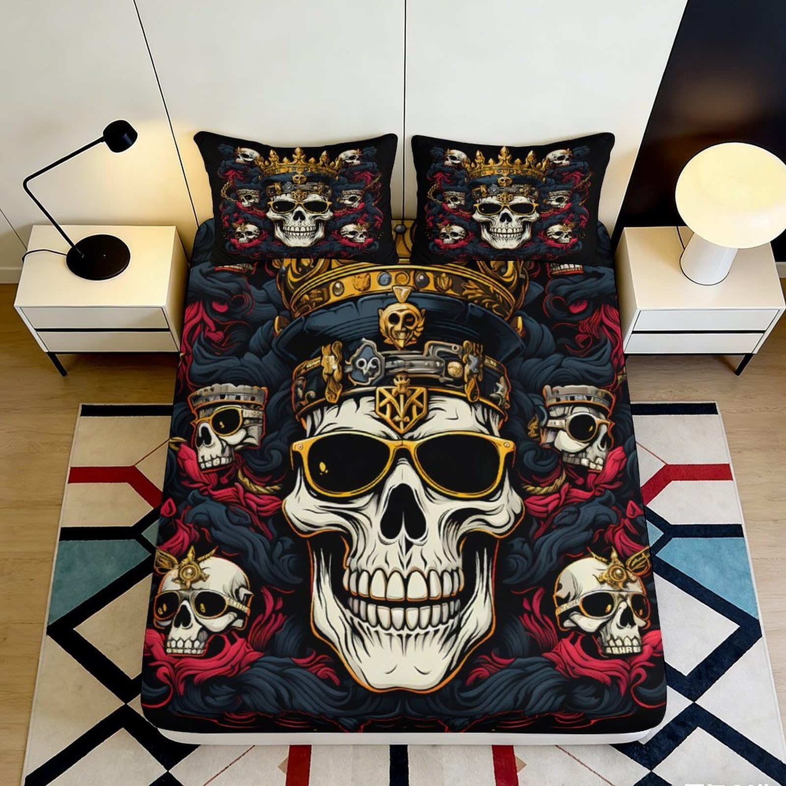 3D Printed Skull Crown Fitted Sheet Microfiber Black Gothic Skeleton Bed Cover for Adults Teens Bedroom Decor 140x200x25cm