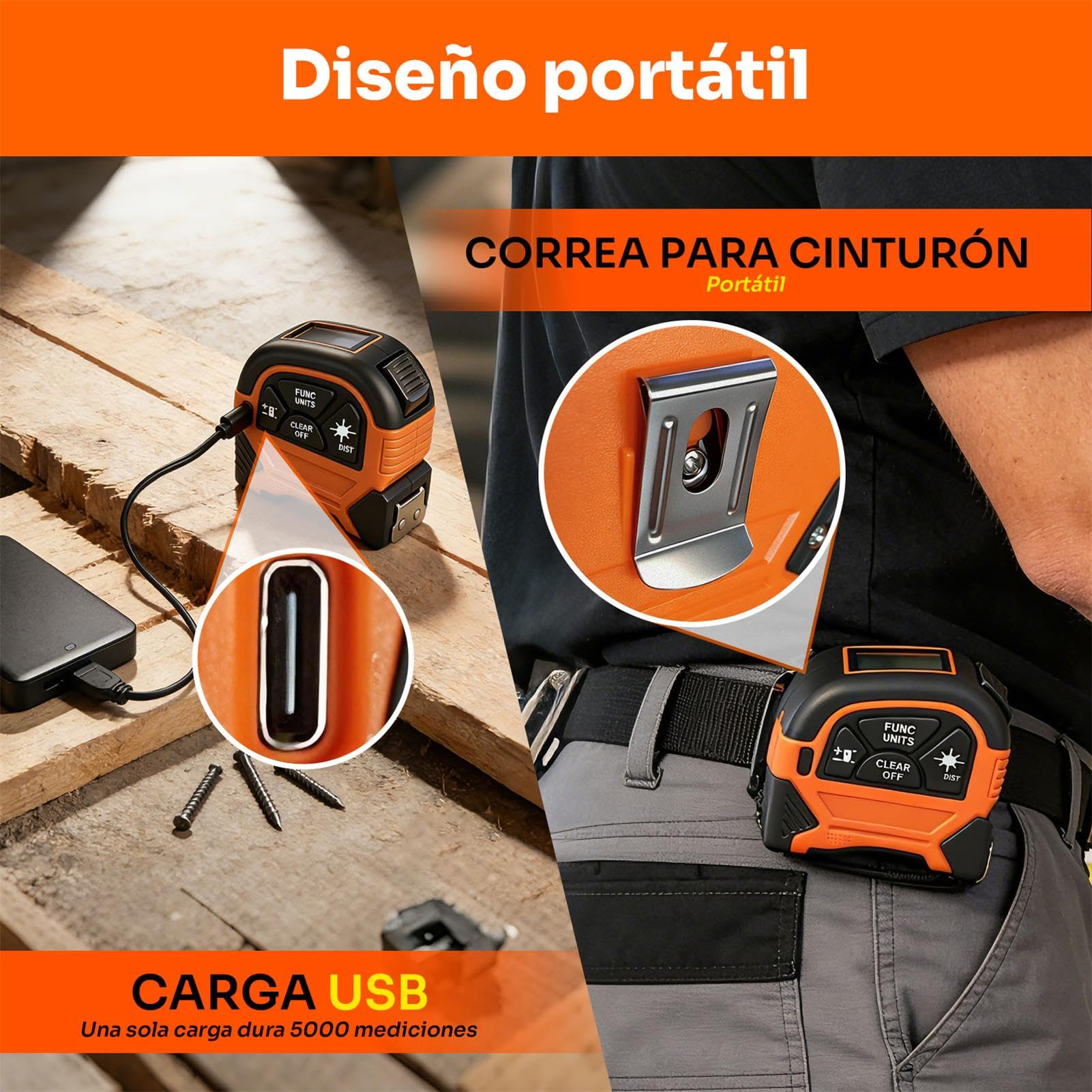 Cinta Metro Laser 2 en 1 - ansigtny Recargable Medidor de Distancia Láser Digital de 60 m y Cinta Metrica de 5m con Gancho Magnético, Metro Digital para Bricolaje y Decoración del Hogar (M/In/Ft)