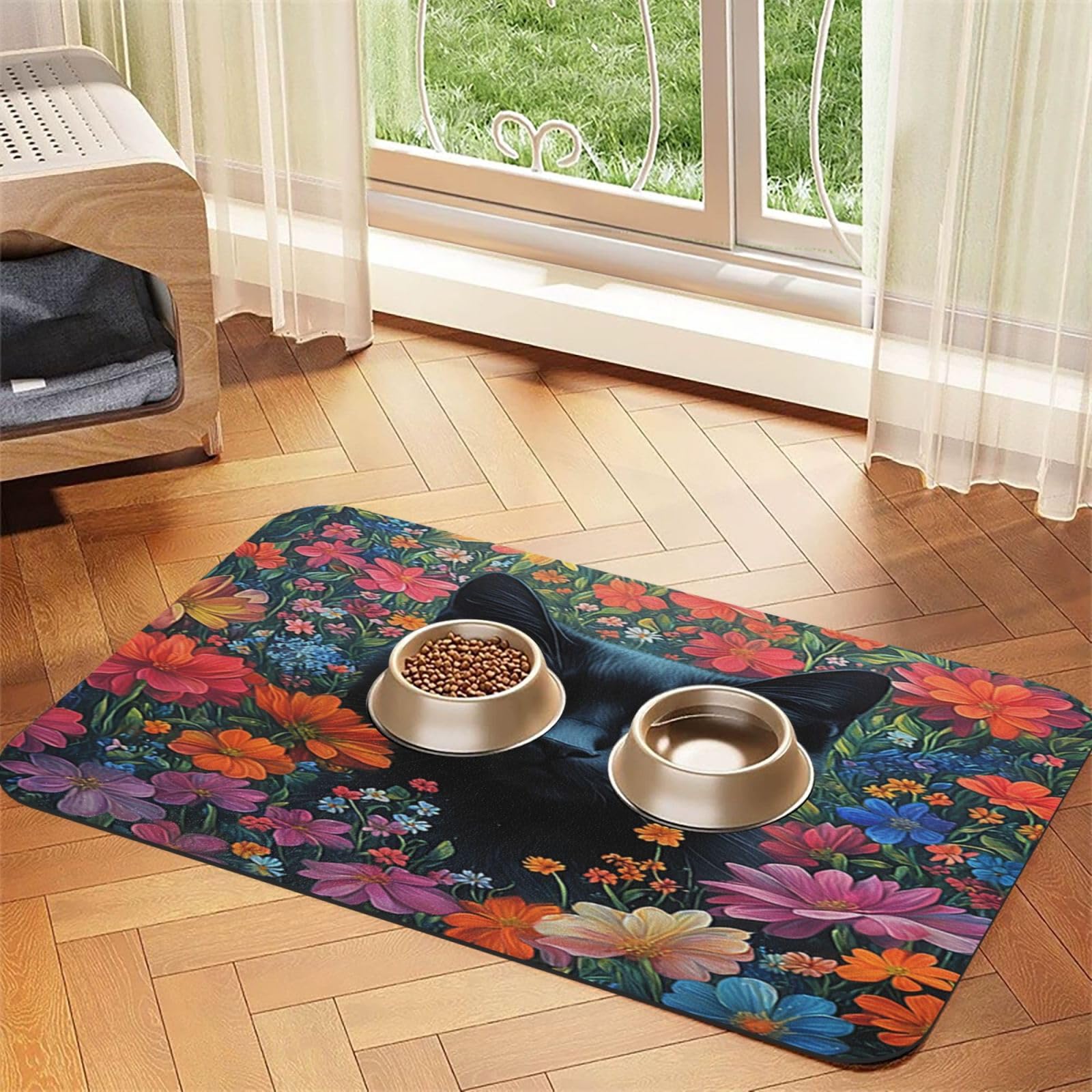 Colorful Flowers Black Cat Pet Feeding Mat Absorbent Dog Food Mat for Floor Cat Dog Bowl Mats Rug Pet Placemats for Food Water Pets Supplies 12x18