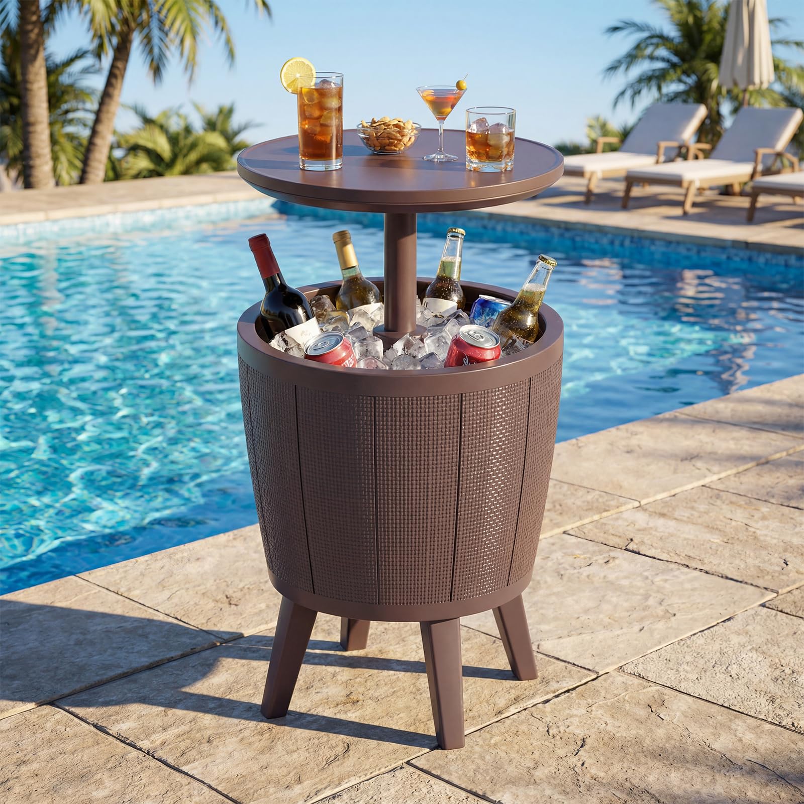 COSTWAY Table Glacière 38L 2 en 1 avec Plateau Relevable, Seau à Glace d'Extérieur avec Bouchon de Vidange, Ø 49 x 59/84 cm Marron