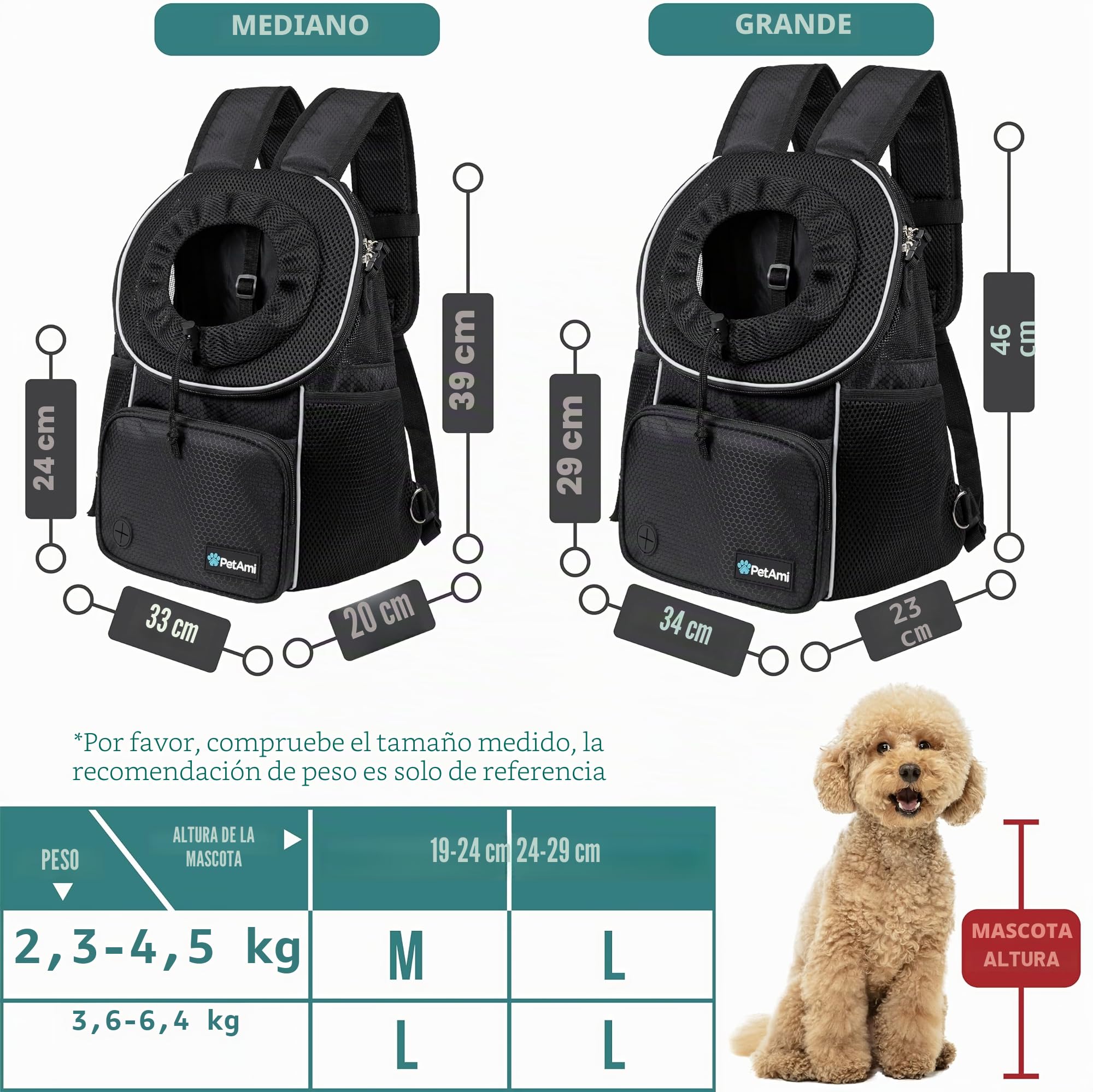 PetAmi Mochila de Transporte Frontal para Perros y Gatos, transportador de Pecho de Mascotas Ajustable con ventilación para Senderismo, Camping, Viajes, Perro pequeño y Mediano, Cachorro, Grande