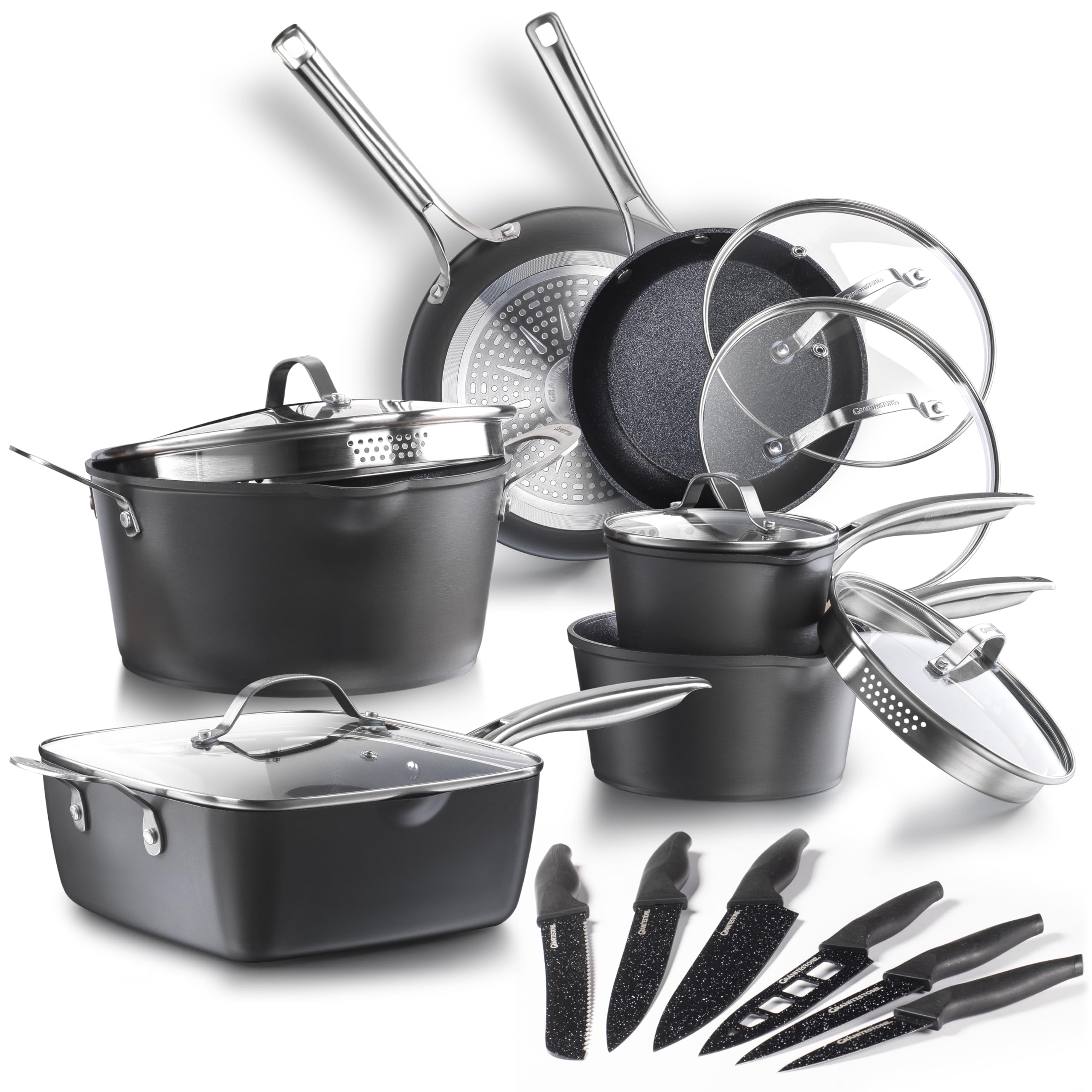 Galería del Coleccionista Batería de Cocina ARMOR MAX 20 Piezas, Ultra-resistente: no se raya ni abolla ¡y es apta para el horno! Super-antiadherente: no se pega nada nunca. Incluye Set de Cuchillos