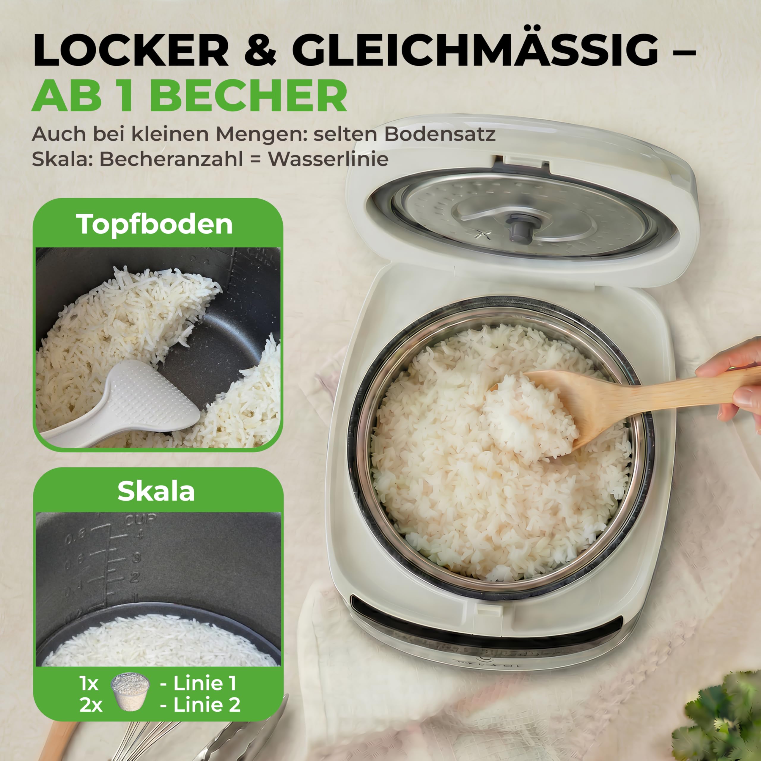 Mini Reiskocher kleiner Multikocher 0,8L 3,5 Cup/1-4 Portionen, 10 Programme für ALLE Reissorten inkl. stärkereduzierter Basmati Vollkorn Getreide Dampfgarer Brei Suppe Schmoren (cremeweiß, 0,8 Liter)