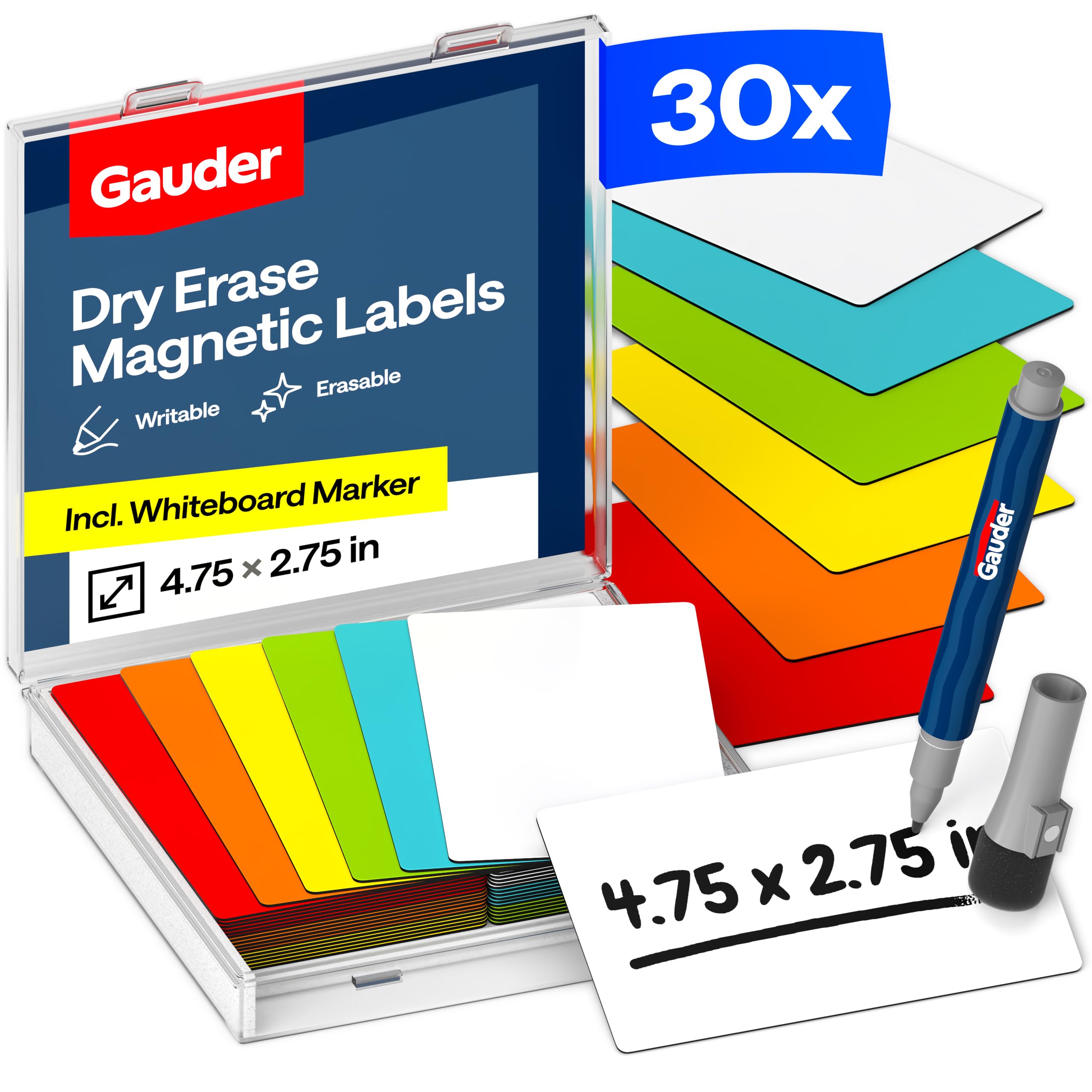 GAUDER Magnetic Dry Erase Labels | 30x Magnetic Labels (4,75 Inches x 2,75 Inches) | 30x Dry Erase Magnets for Classroom, Whiteboard and Blackboard