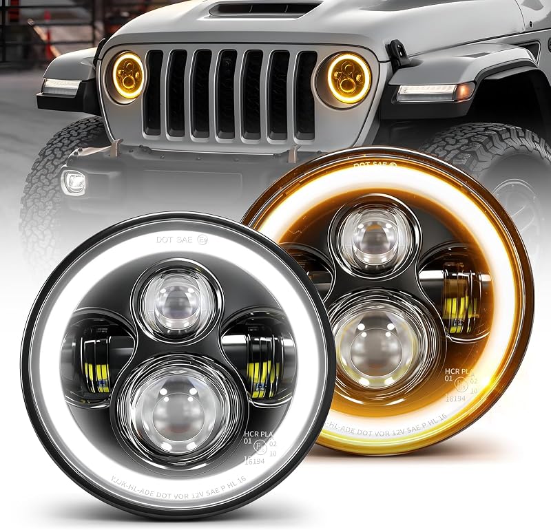 7 Inch LED Headlights Round Halo Angel Eyes DOT Approved 2PCS Classic LED Headlights with White DRL Amber Turn Signal H6024 High/Low Beam Lights for Wrangler JK TJ LJ CJ