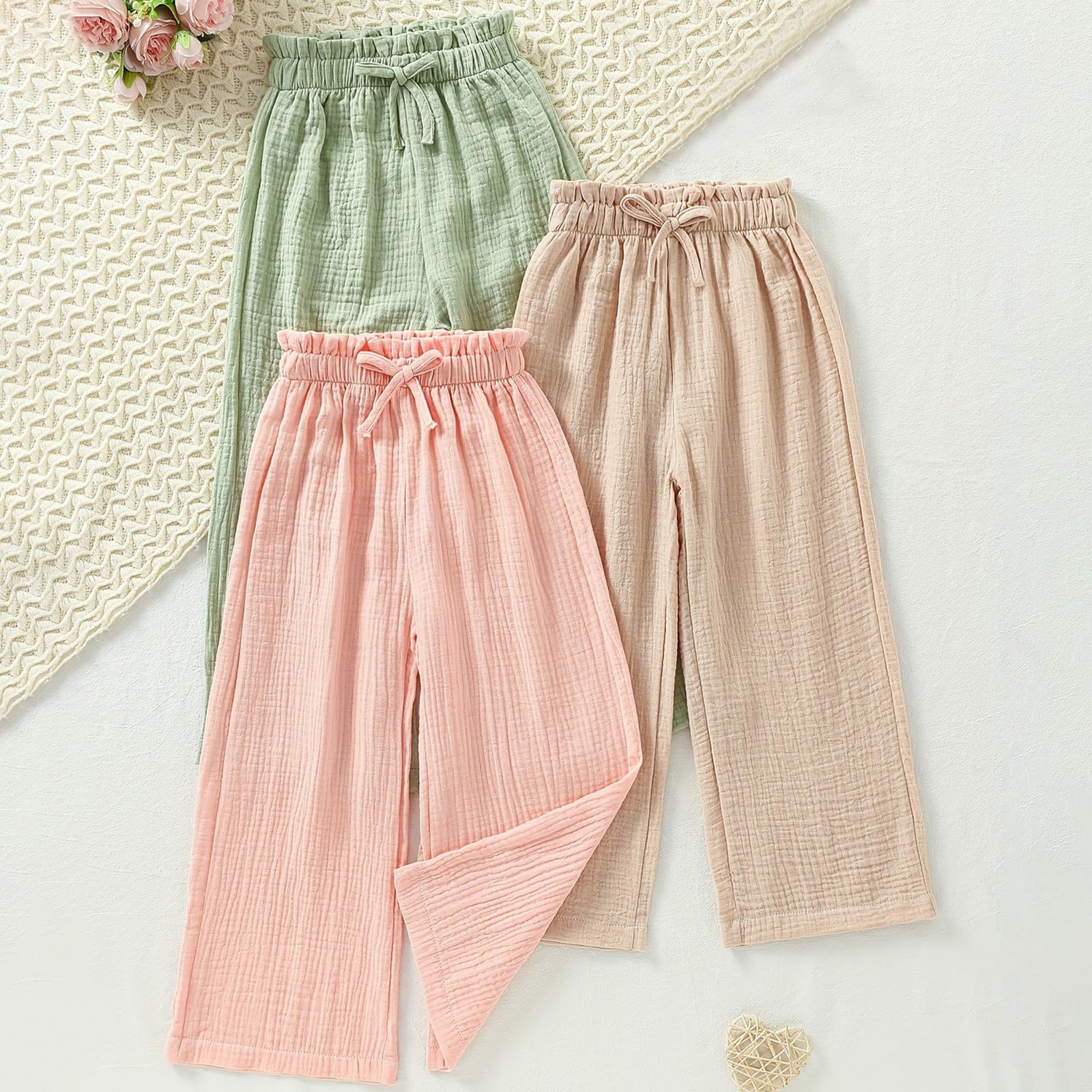 Lot de 3 pantalons d'été en lin pour filles - Jambes larges - Pantalon ample léger - Palazzo - Pour adolescentes - Décontracté - Couleur unie - Élastique - Taille haute - Pour enfants