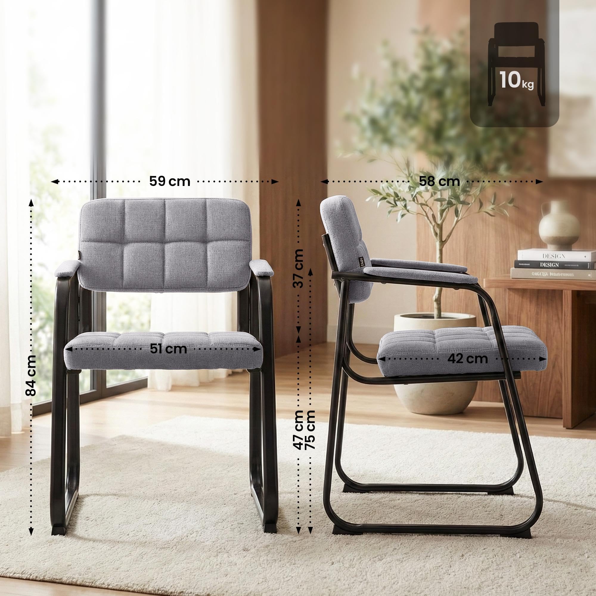 CLP Chaise avec Accoudoirs Canada B Rembourrée, Visiteur & Conférence, Tissu, Piétement Métal Noir Mat, Salle d'Attente, Couleur:Gris Clair