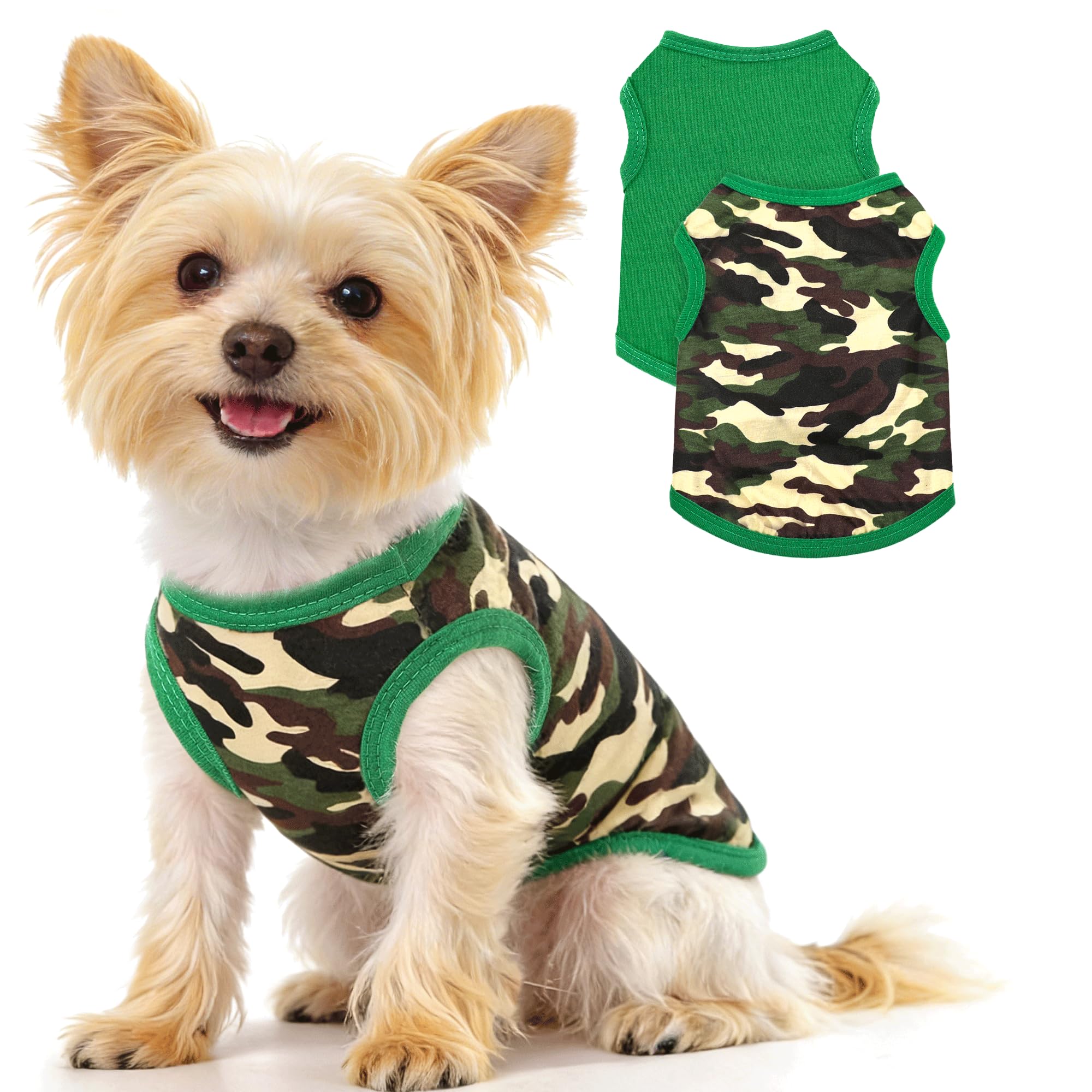 Photo 1 of 2 Pack Dog Shirts, Summer Camo Dog Clothes for Small Dogs Boy Chihuahuas and Yorkies Pet Tshirt Puppy Outfits Cats Apparel Green Camouflage + Solid Color,XXS