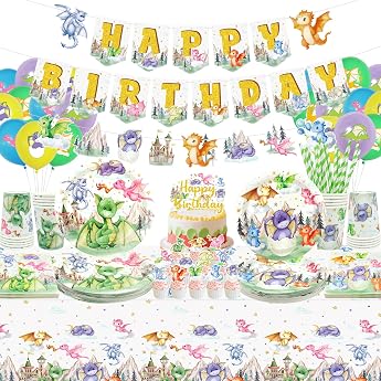 Dragon Birthday Party Decorations Including Happy Birthday Party Banners Plates Cups Napkins Tablecloth Balloons Straws Dragon Birthday Decorations for 20 Guests