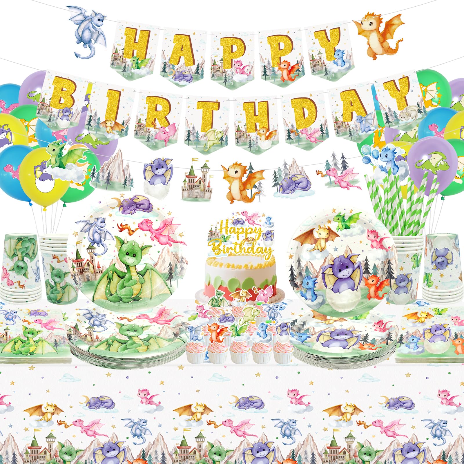 Decorazione per Feste di Compleanno Drago, Striscioni, Piatti, Tazze, Tovaglioli, Tovaglie, Palloncini, Cannucce, Decorazioni per Torte, Fantasy