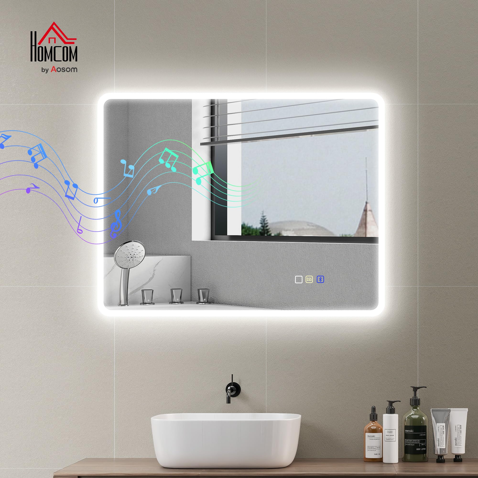 HOMCOM Miroir Salle de Bain Bluetooth 70 x 90 cm, Miroir Lumineux Salle de Bain Mural avec éclairage LED, Interrupteur Tactile, lumière réglable 3 Couleurs, Anti-buée, mémoire - Argent