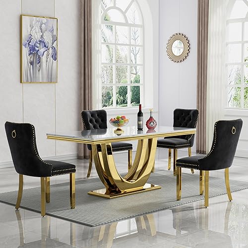 Miniatura 46 de Juego de mesa de comedor de mármol de 9 piezas para mesa de comedor grande de mármol blanco de 8 y 94 pulgadas con base de acero inoxidable en forma