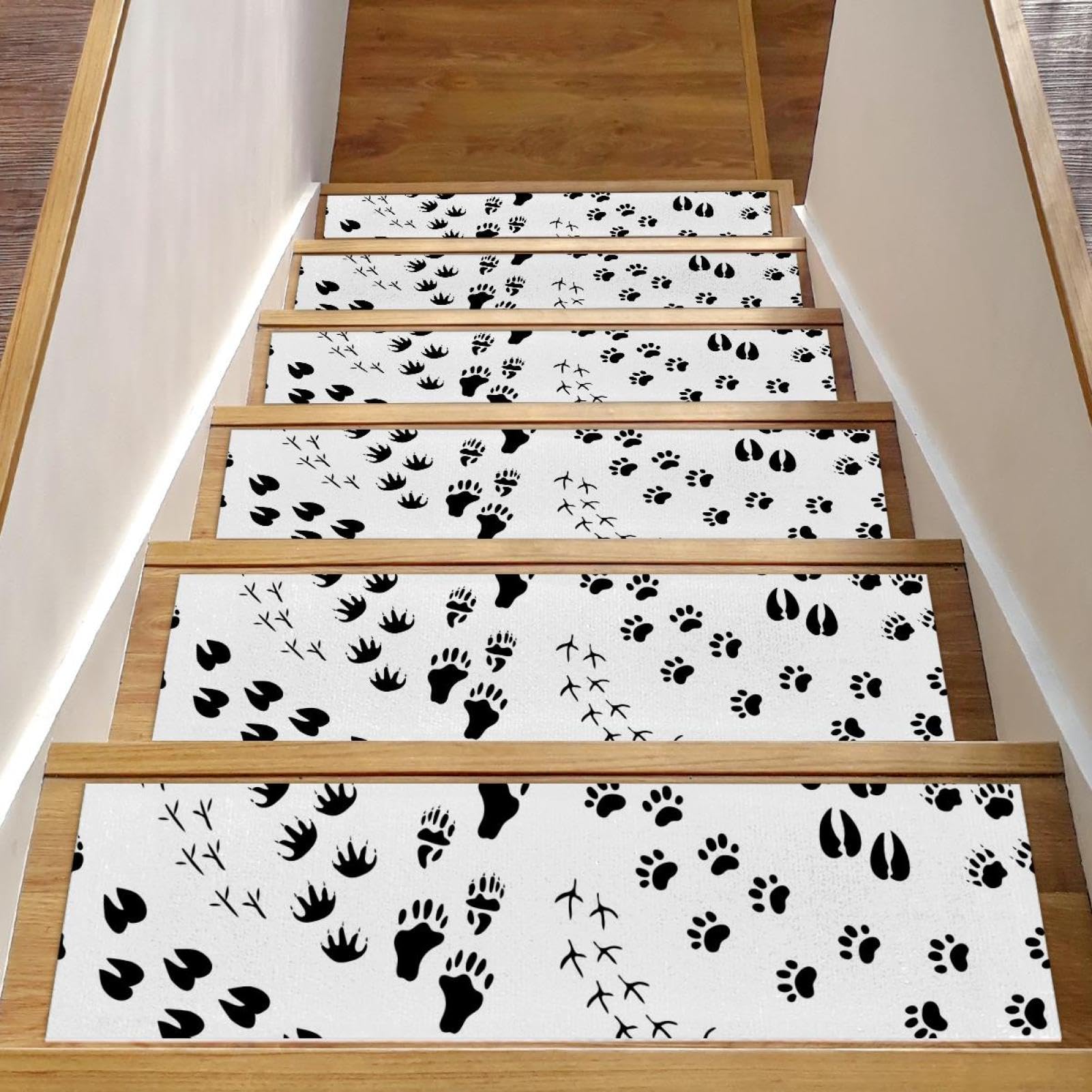 Alfombra para escaleras con diseño de pata de animal, juego de 15 peldaños autoadhesivos de 8x30"