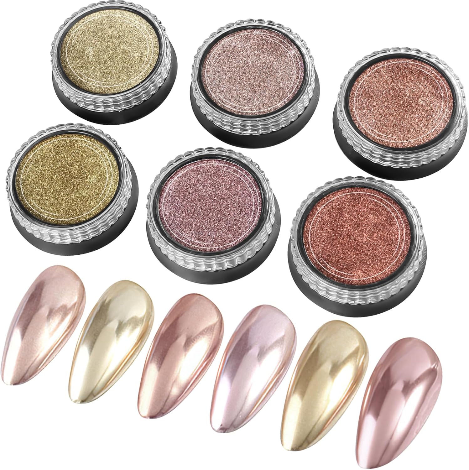 Rose Gold Chrome Nail Powder 6 Jars Metallic Mirror Nail Effect
