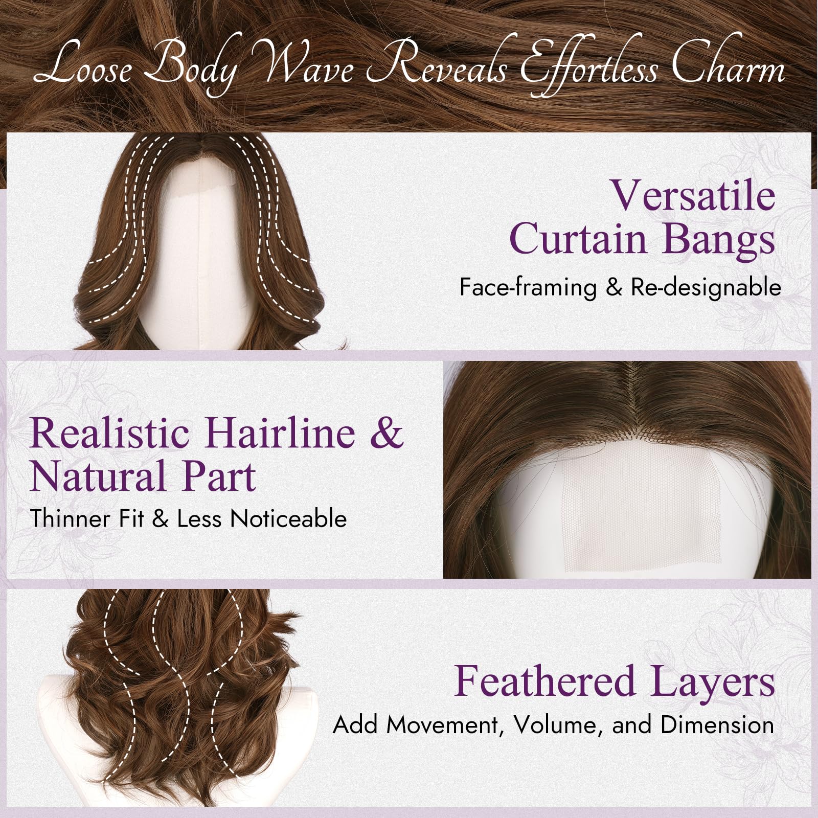 BARSDAR Short Wavy Brown Ombre Layered Wig - Shoulder Length Wavy Brown Wigs for Women - Short Loose Wave Textured Layered Wig with Face-Framing Curtain Bangs Soft Synthetic Natural Looking Daily — view 3