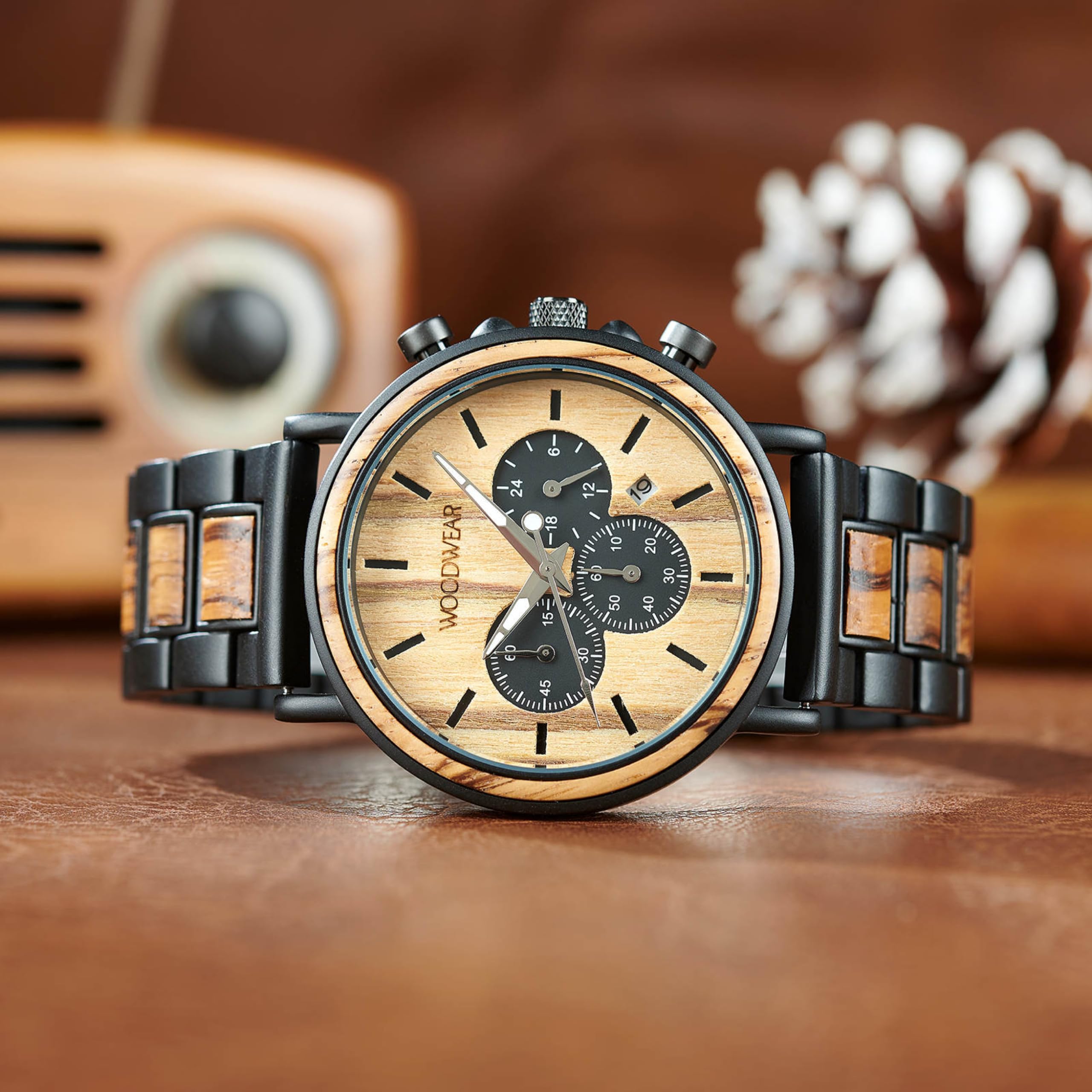 woodwear Cronografo da uomo "Zeitgeist" – Orologio da polso in legno e acciaio inox, design sostenibile, movimento al quarzo giapponese, cinturino in legno, elegante orologio da uomo, fatto a mano