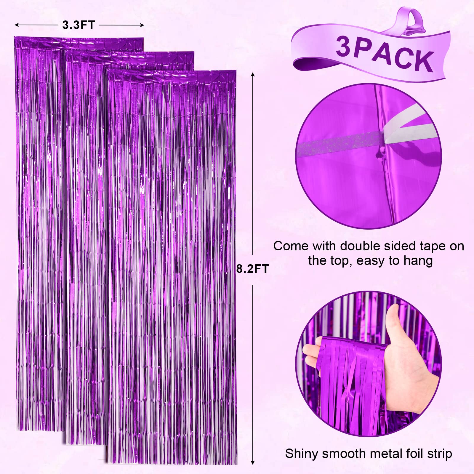 3 Pack 3.3X8.2 Feet Neon Iridescent Foil Fringe Backdrop Curtains