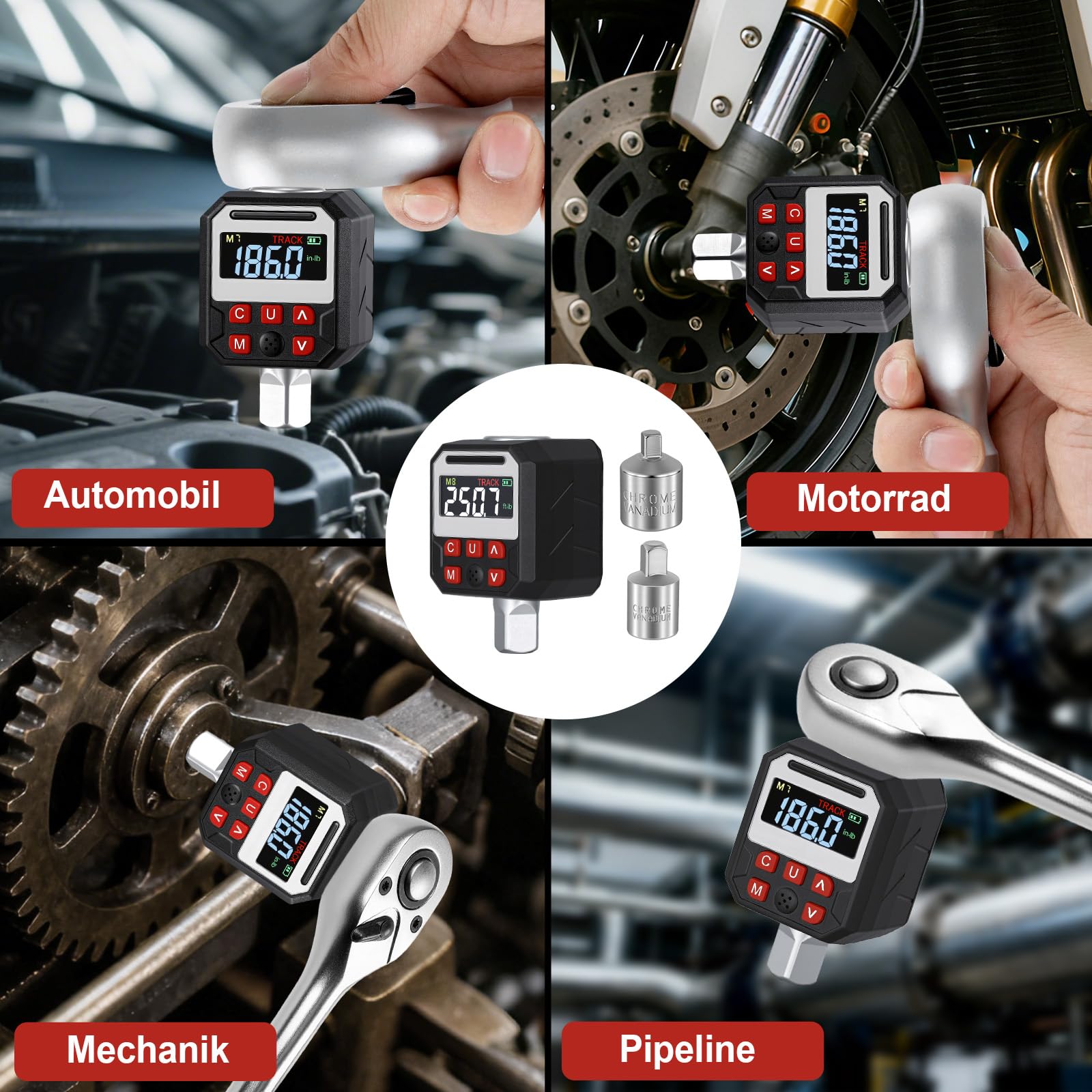 Digitaler Drehmomentadapter, 1/2 Zoll Digital Drehmomentschlüssel mit ±2% Genauigkeit, Voreingestellter, LED Anzeige, Summer, 3/8" und 1/4" Adapter für Fahrrad, Motorrad, Auto (10-200Nm)