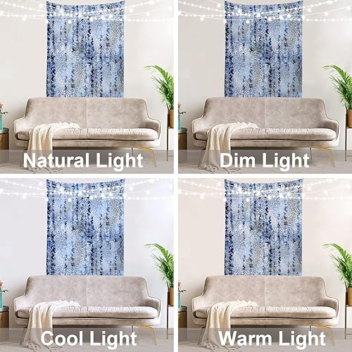 Miniatura 6 de Shrahala Tapiz de pared floral abstracto índigo, lazo azul para colgar en la pared, tapiz grande decorativo de fibra de poliéster, dobladillo blanco