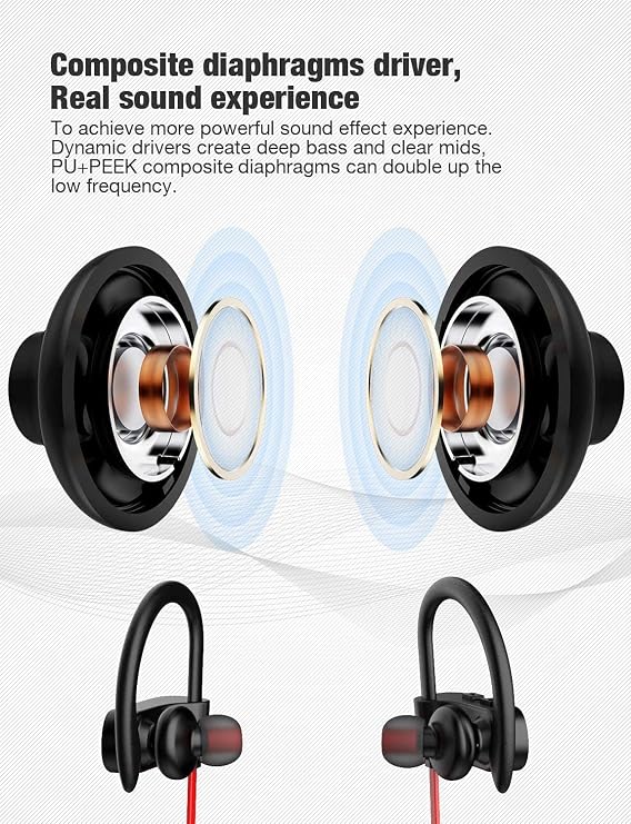 OTIUM LFS Bluetooth Headphones, Wireless Earbuds IPX7 Waterproof Sports Earphones with Mic HD Stereo Sweatproof in-Ear Earbuds Gym Running Workout 15 Hour Battery Sound Isolation Headsets