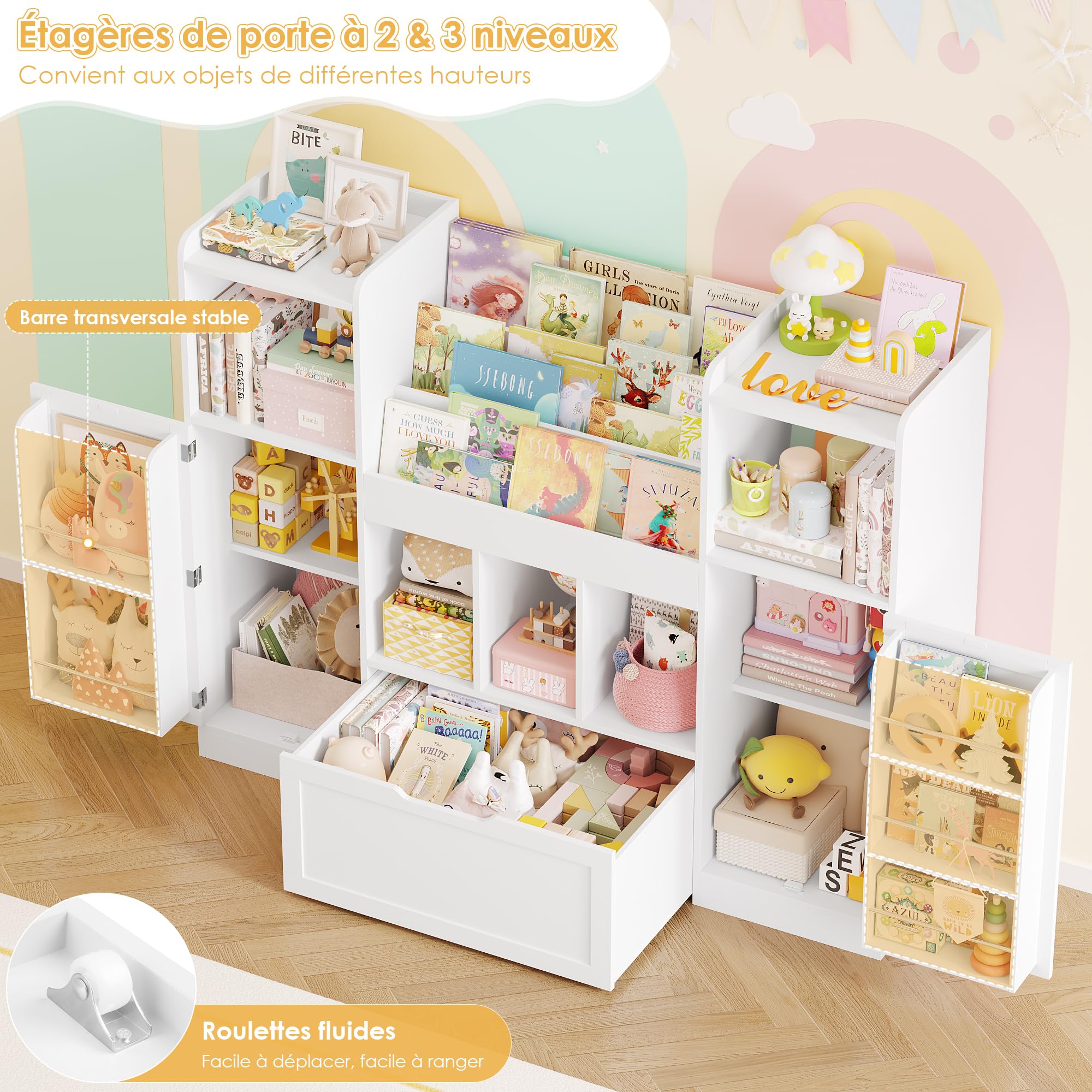 FOREHILL Meuble Rangement Enfant Bibliothèque Enfant 140x30x108.2cm, Blanc | Rangement jouet enfant et livres, 10 rangement derrière 2 portes, 1 grand tiroir roulant, Bibliothèque enfant salle de jeu