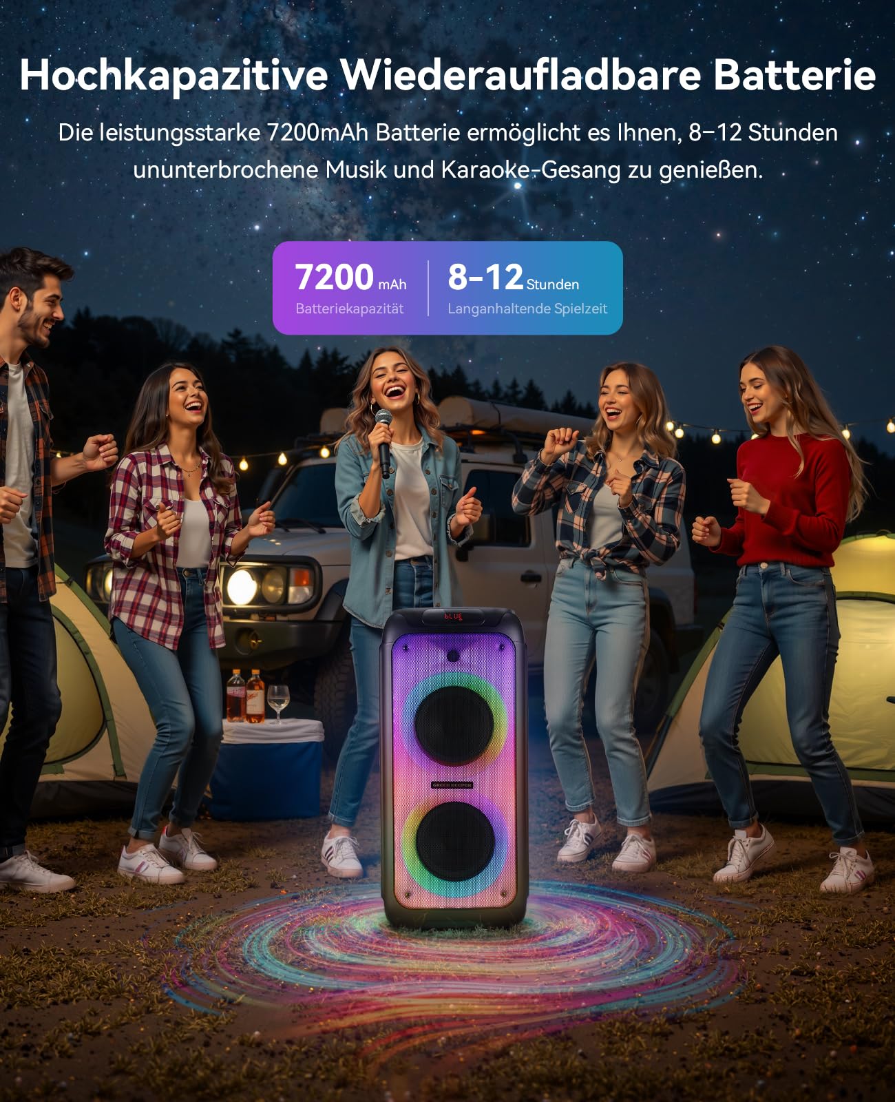 GKD80 Karaoke Maschine Für Erwachsene Mit 2 Kabellosen UHF Mikrofonen, 600W Peak Bluetooth Lautsprecher (Doppelte 8 Zoll Subwoofer), Tragbares Party Gerät Mit FB Und Rädern Für Singen/ Reden/ Outdoor