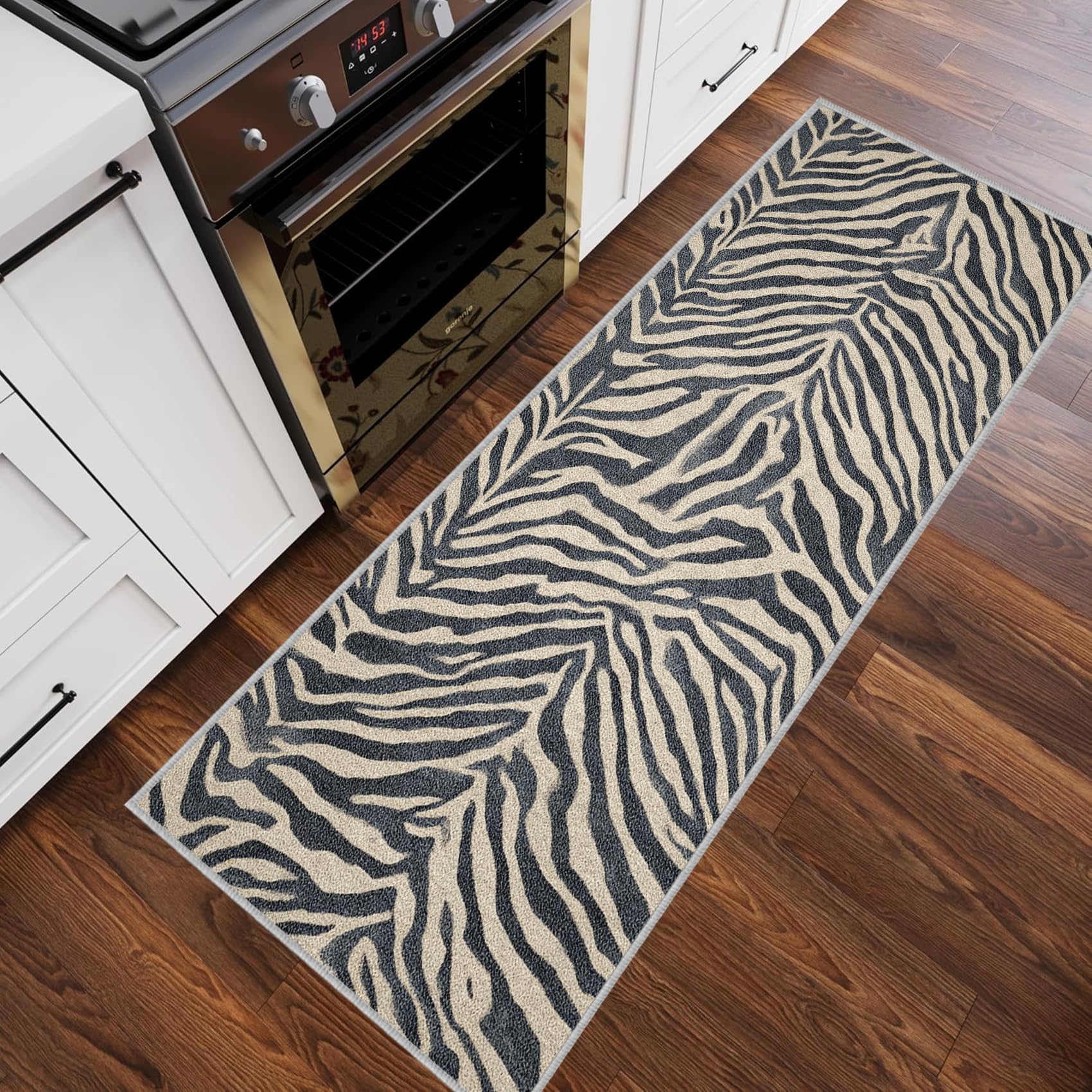 Tapis de Couloir 80 x 300 cm Zèbre Tapis Couloir Motif Animalier Rétro Passage Lavable en Machine Antidérapant Long Carpet Entrée Cuisine Chambre Salon Doux Poil Ras Rug