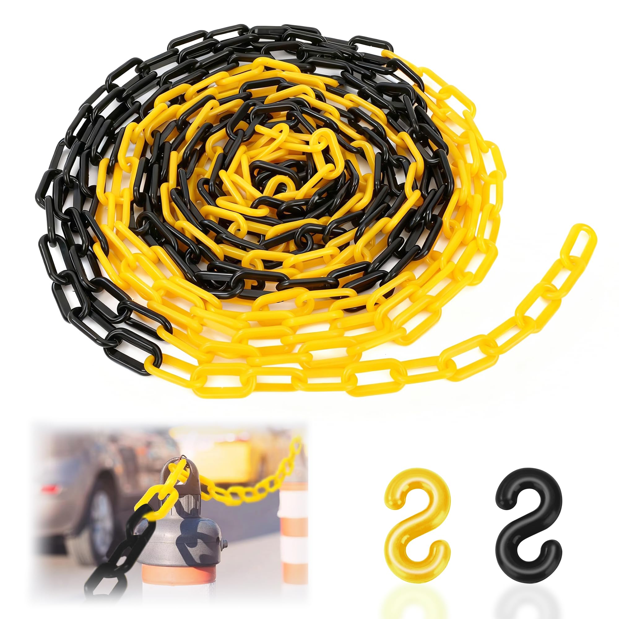 Tunejoy Catena Barriera in Plastica 10mx8mm Catena di Bloccaggio Bicolore Nero Giallo per Avviso di Sicurezza Parcheggio Controllo Della Folla Traffico
