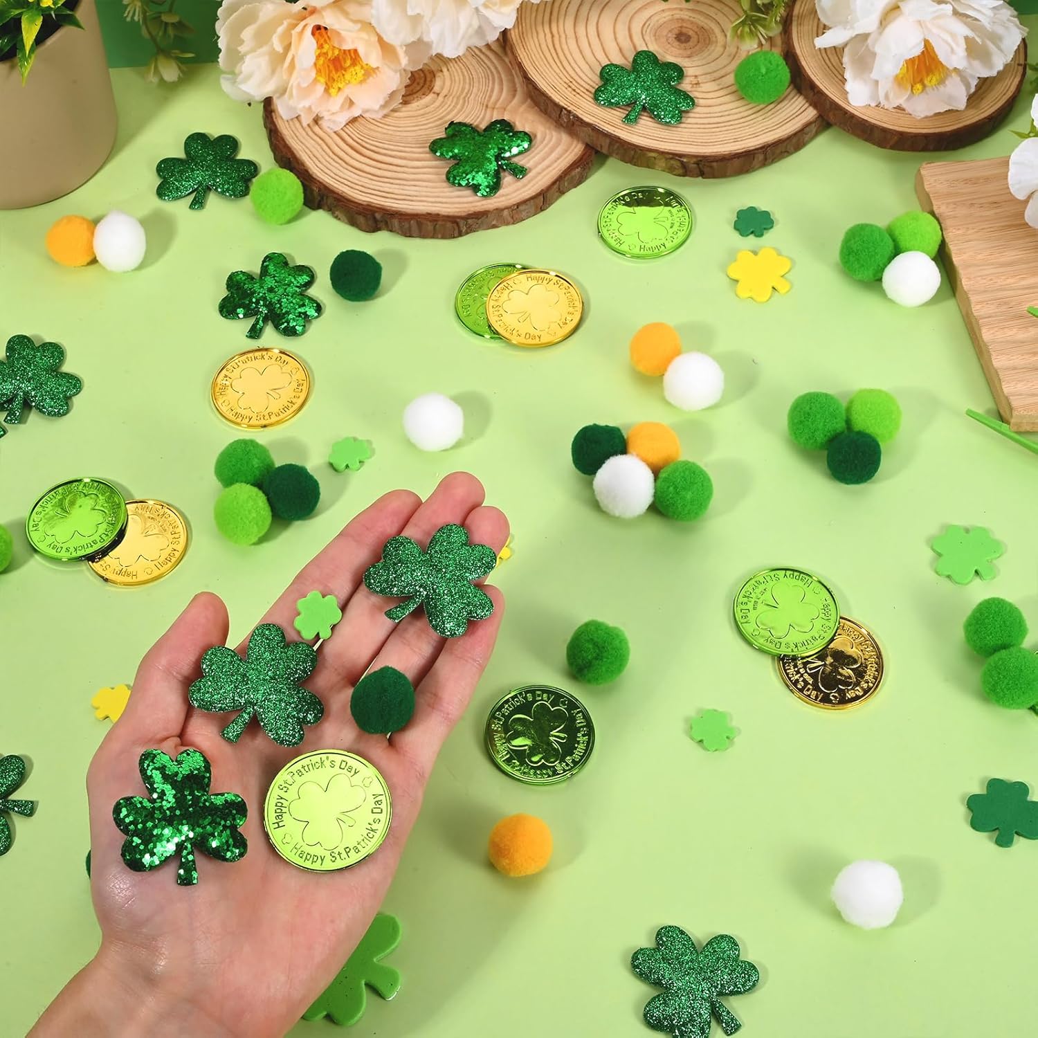 302 Pcs St. Patrick's Day Sensory Bin Fillers Fine Motor SkillsSt. Patrick's Decorations Pompoms Cups Shamrock Tweezers Scissor Clips for St. Patrick's Sorting Counting