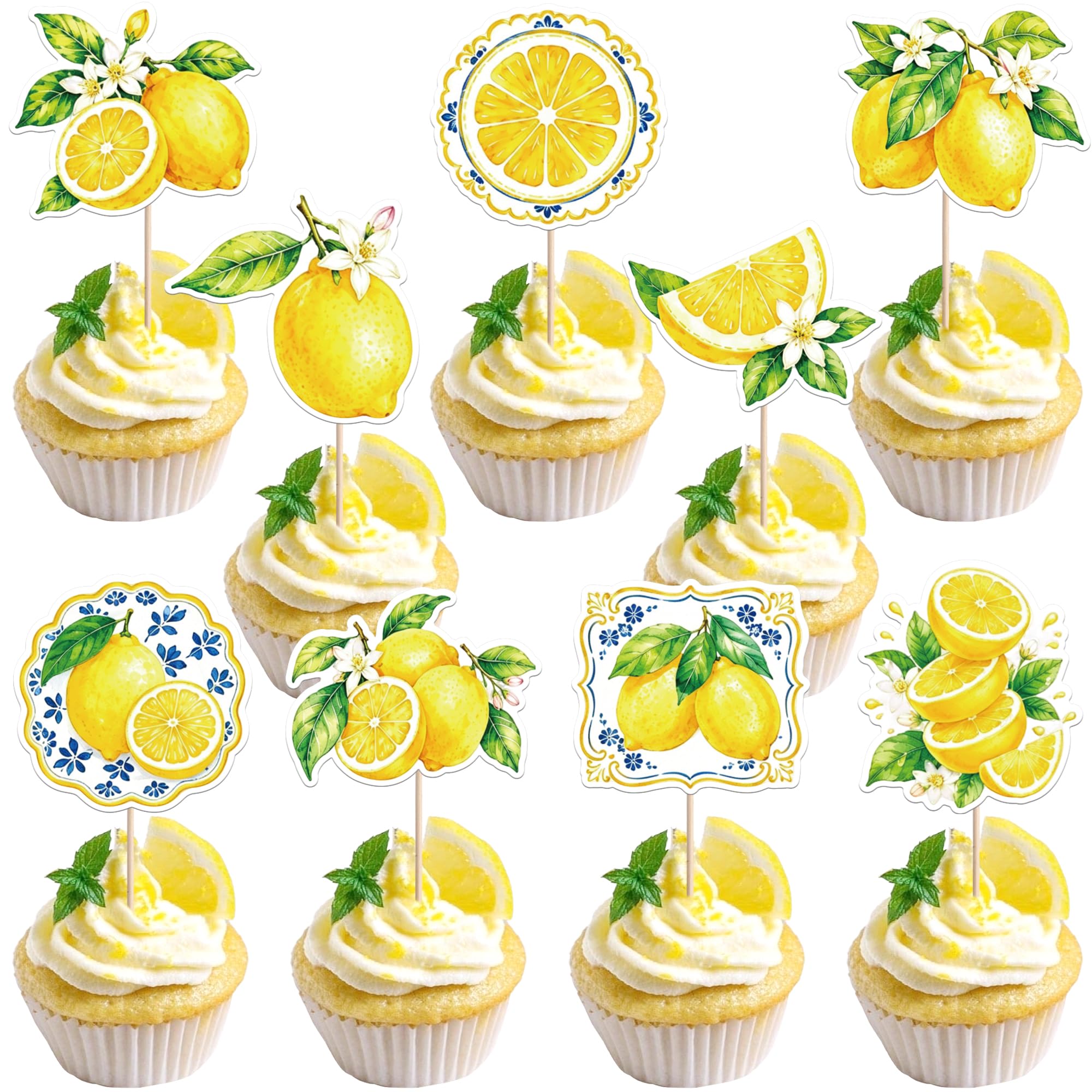 SYKYCTCY 36 Pack Lemon Cupcake Toppers Wafer Paper Tiles Yellow Lemon Cupcake Picks Decoration for Fruit Theme Lemonade Baby Shower Birthday Wedding Party Cake Decora Supplies