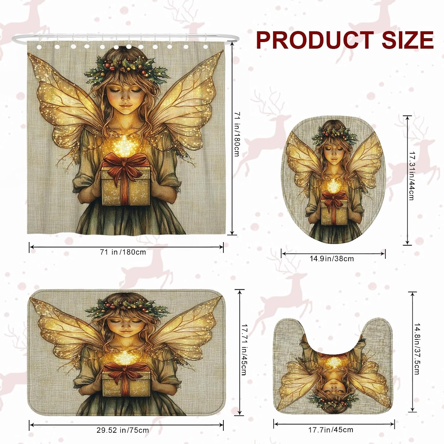 4PCS Vintage Christmas Fairy Bathroom Sets, Bath Accessory with Non-Slip Rug, U Shape Toilet Lid Cover Mat, Kid Aesthetic Retro Xmas Bathroom Decor-72''x72''