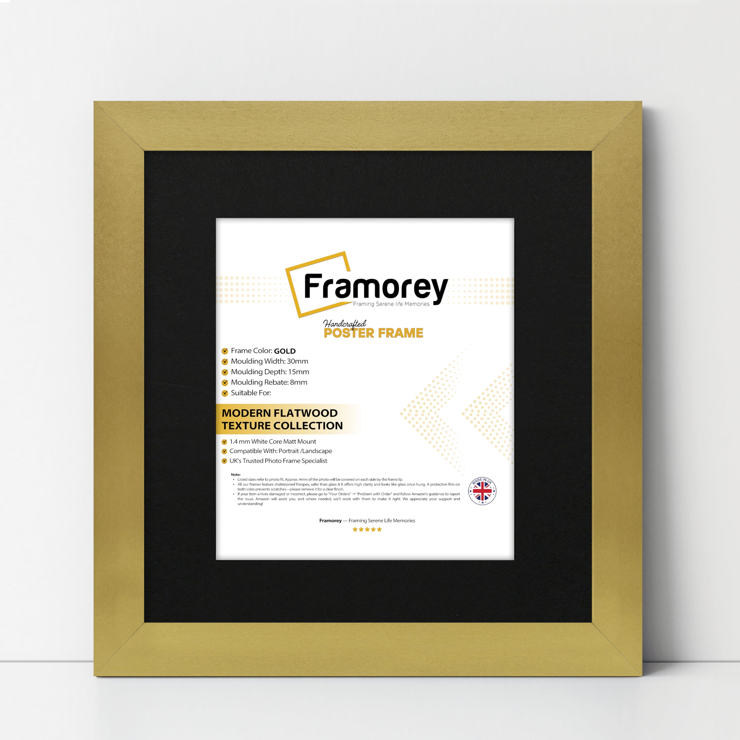 Framorey Framing Serene Life Memories Gold With Black Mount Framorey Square Oxford Flat Wooden Effect Picture Frame, 20X20" Size Gold Photo Frame With 16X16" Size Black Mount, Photo Print Frame, Best Photo Frames For Birthday Gift