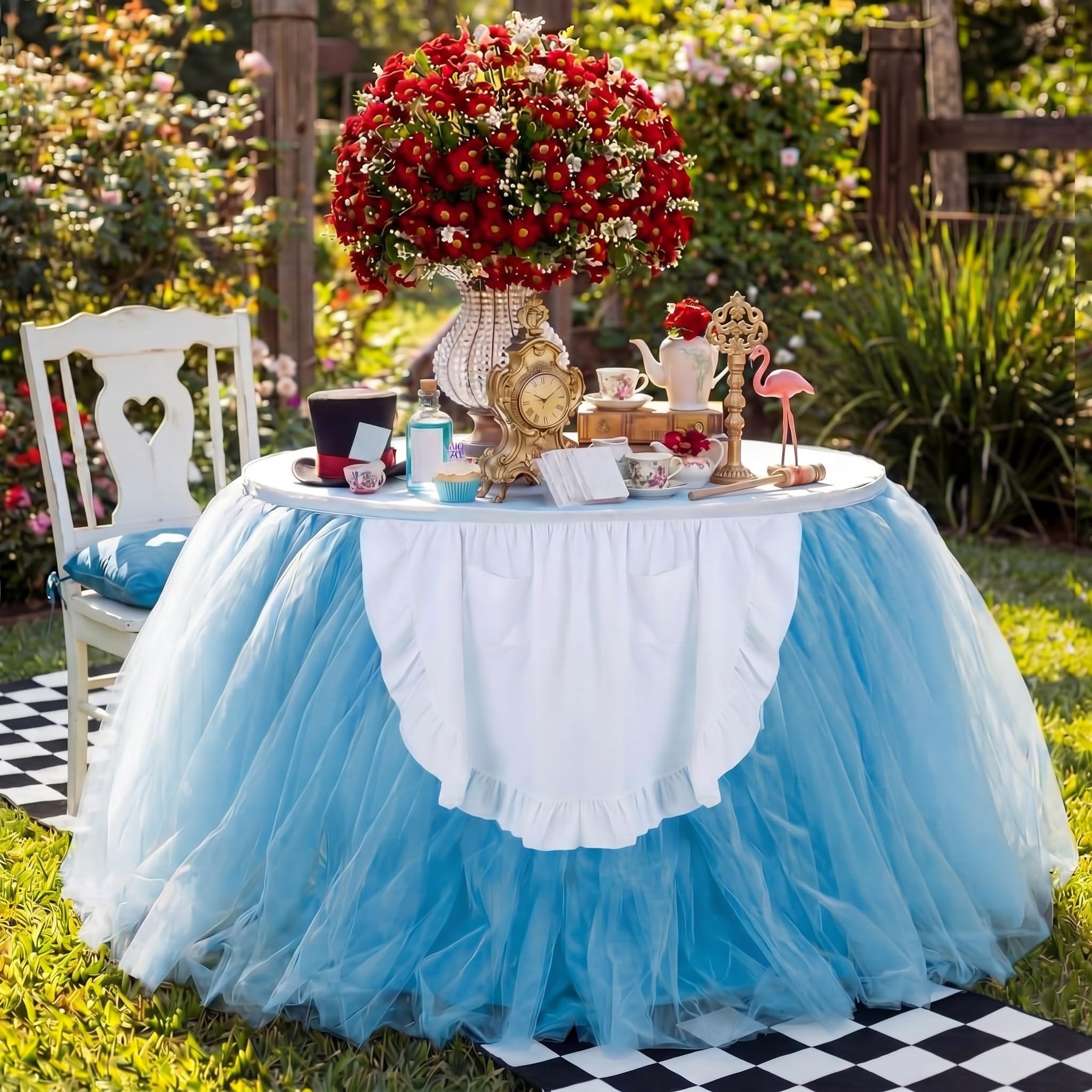 Photo 1 of Moukeren Wonderland Tea Party Decoration Wonderland Table Cloth Blue Tulle Table Skirt with White Apron for Tea Party Baby Shower Wedding Birthday