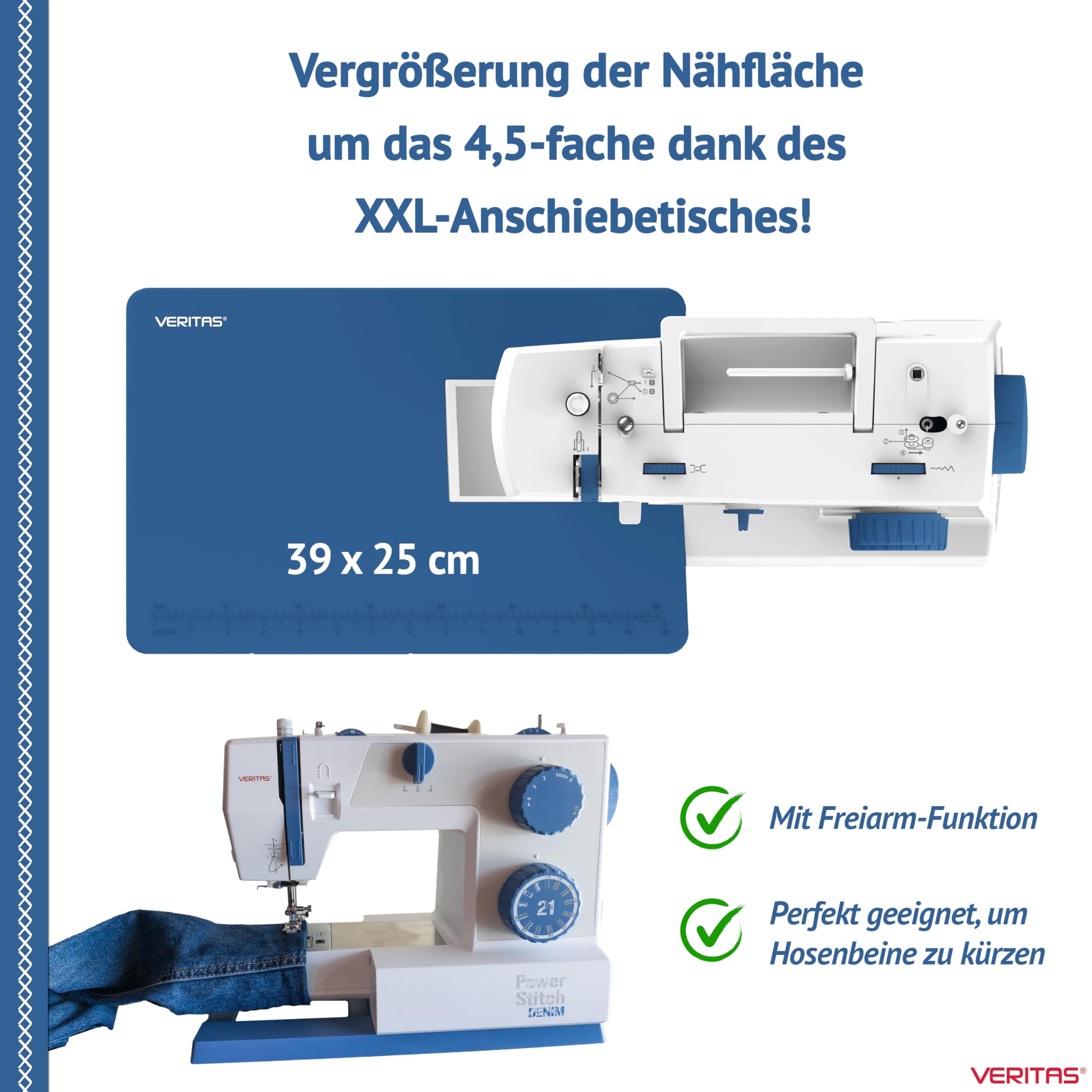 VERITAS Power Stitch Denim Nähmaschine – XXL Anschiebetisch, Einfädelhilfe, Fußpedal, bis 1.000 Stiche/Min., einstellbarer Nähfußdruck, Freiarm – für Jeans, Leder & feine Stoffe