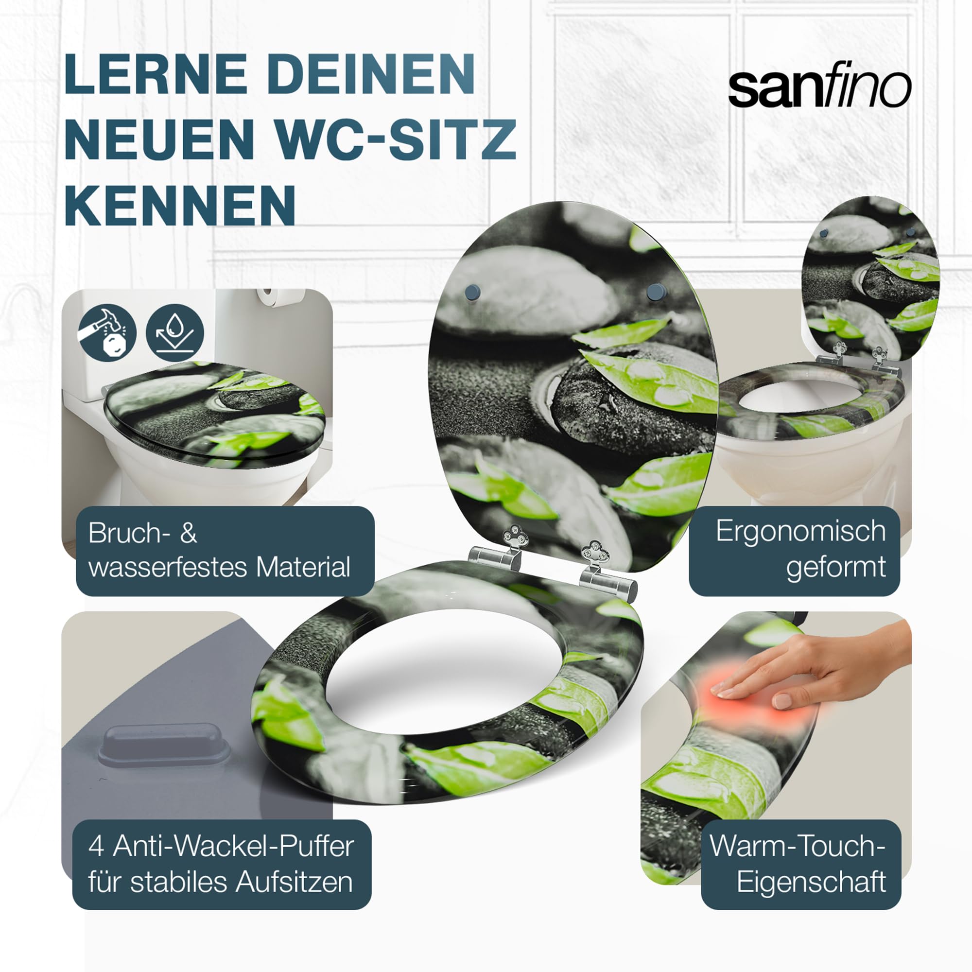 Premium WC Sitz mit Absenkautomatik – hochwertige Toilettendeckel aus Holz, viele bunte Motive, hoher Sitzkomfort, einfache Montage inklusive Montageanleitung – "Rocks"