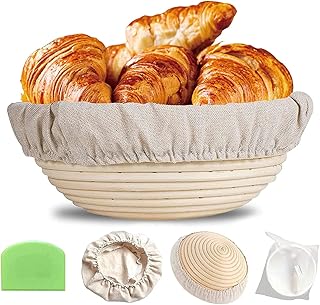 Panier à Pain en Rotin Fait à la Main pour Fermentation du Pain, Le Panier de Fermentation pour Osier Naturel (rond Ø 25 cm) avec Inserts en Lin, Spatule, Emballage de sac à Fermeture Éclair Givré