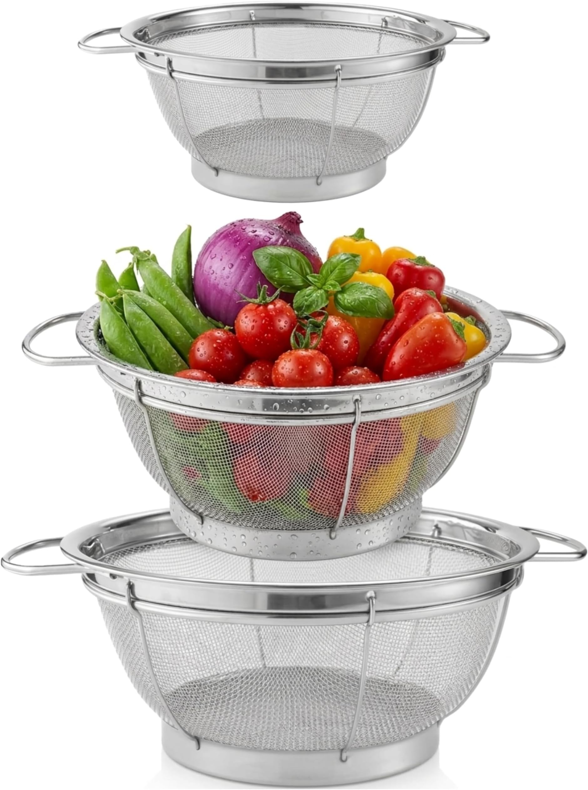 Set of 3 Stainless Steel Colanders – Nesting Metal Strainers with Loop Handles | Kitchen Drain Basket for Pasta, Vegetables, Rice, Fruit | Durable, Rust-Resistant.22cm/25.5cm/28cm