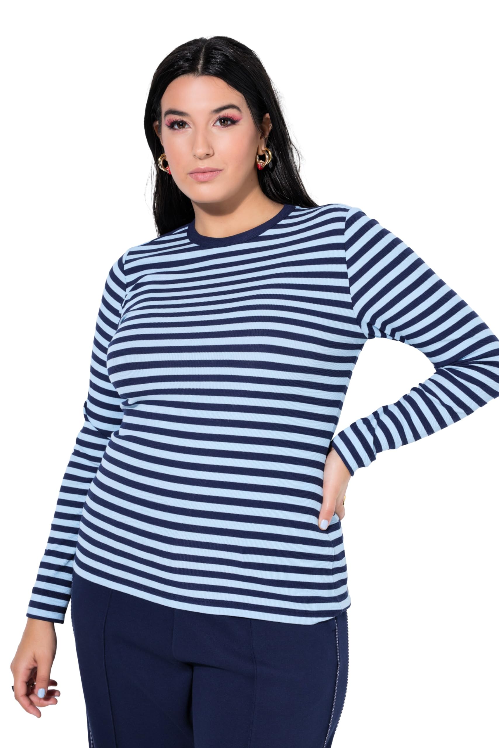 Studio Untold Damen große Größen Übergrößen Plus Size Shirt, Slim Shape, Ringel, Rippjersey, Langarm 844016