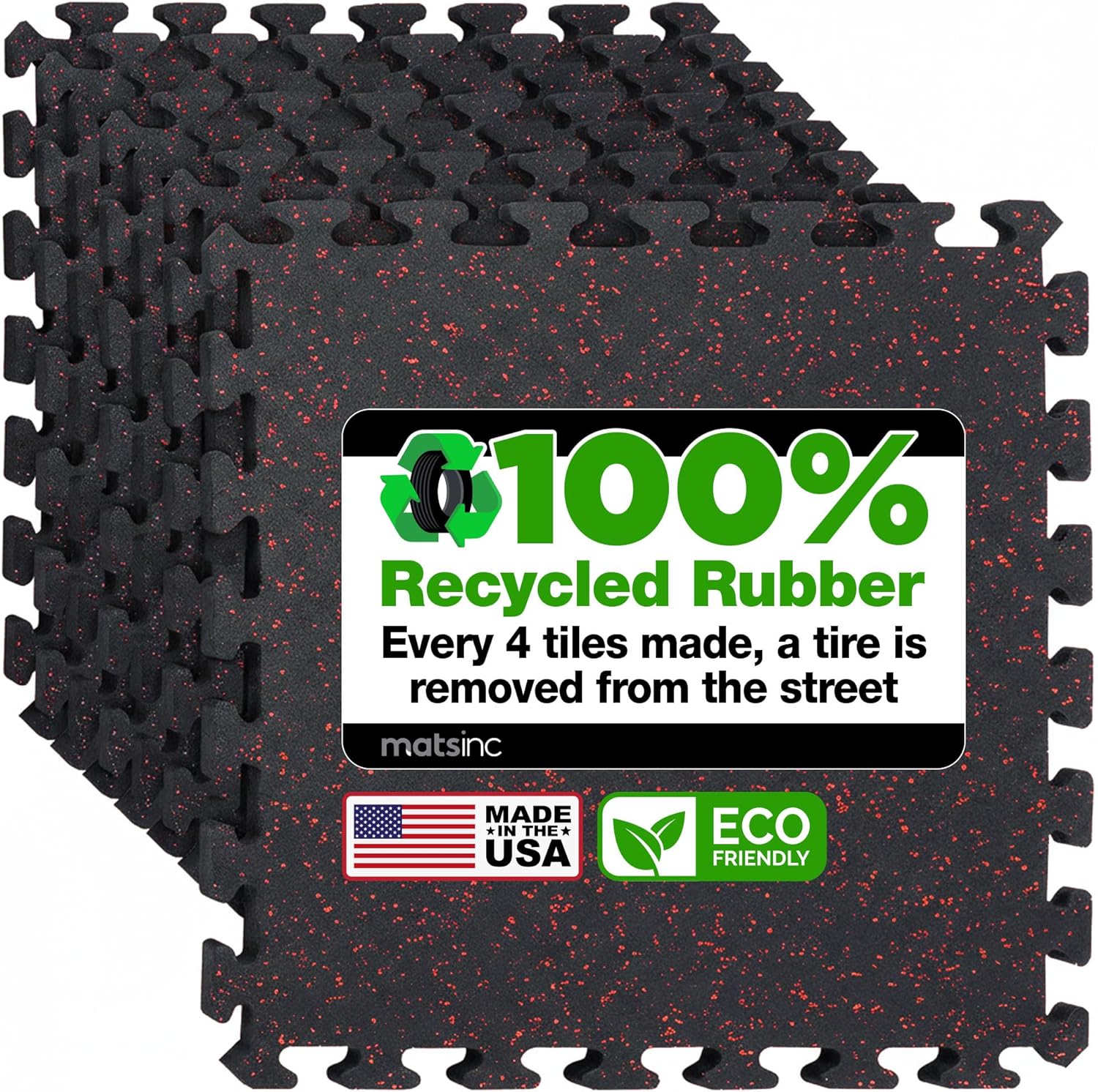 Matter Flex 100% Rubber Floor Mats - Recycled Rubber Gym Flooring for Home Gym, Interlocking Exercise Tiles, Made in The USA, Gym Tiles, Center (8 tiles/32 Sq. Ft.), Black with Red Speck