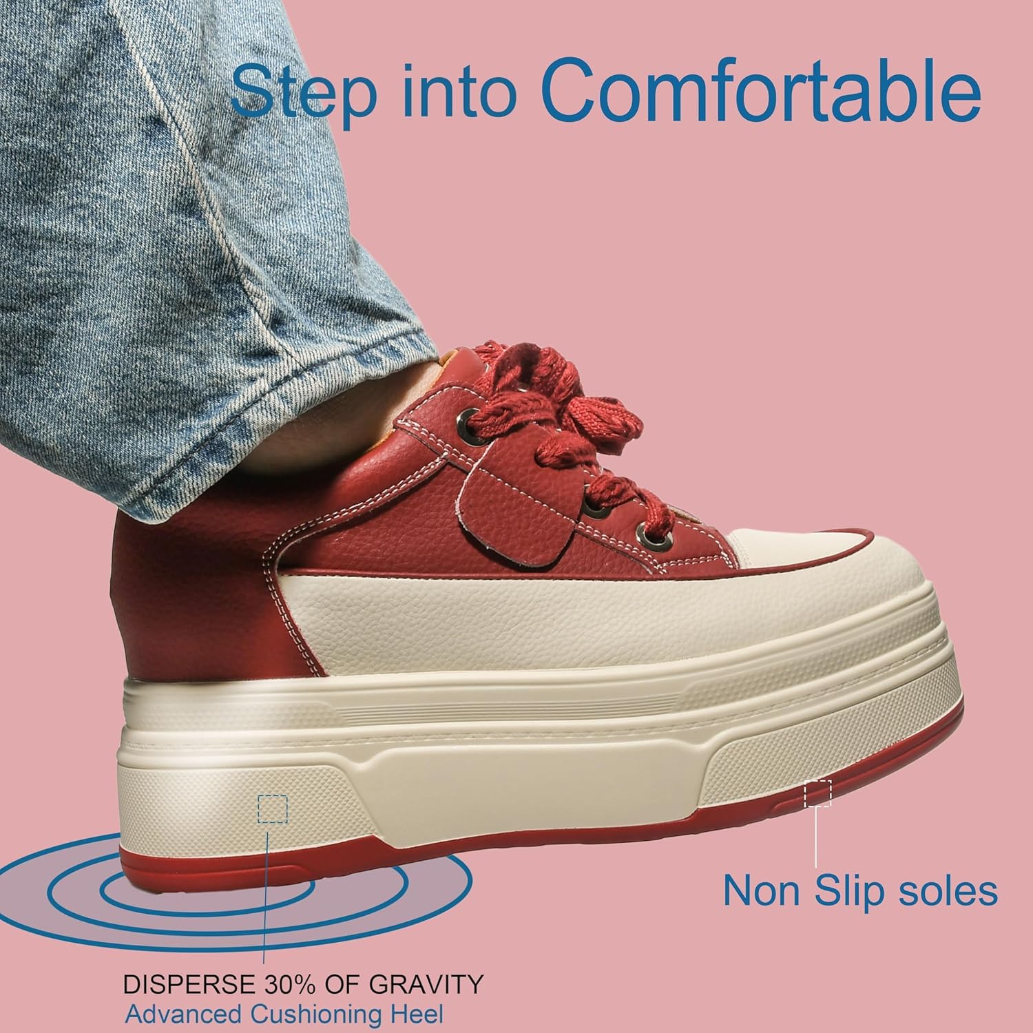 Platform Sneakers For Women - (3 inch-3.5 inch )6cm Heel & 3cm Inner Lift, Comfortable Cushioned Arch Support, Non-Slip Casual Walking Shoes, Microfiber Leather Platform Shoes White Black Red Yellow - Image 3