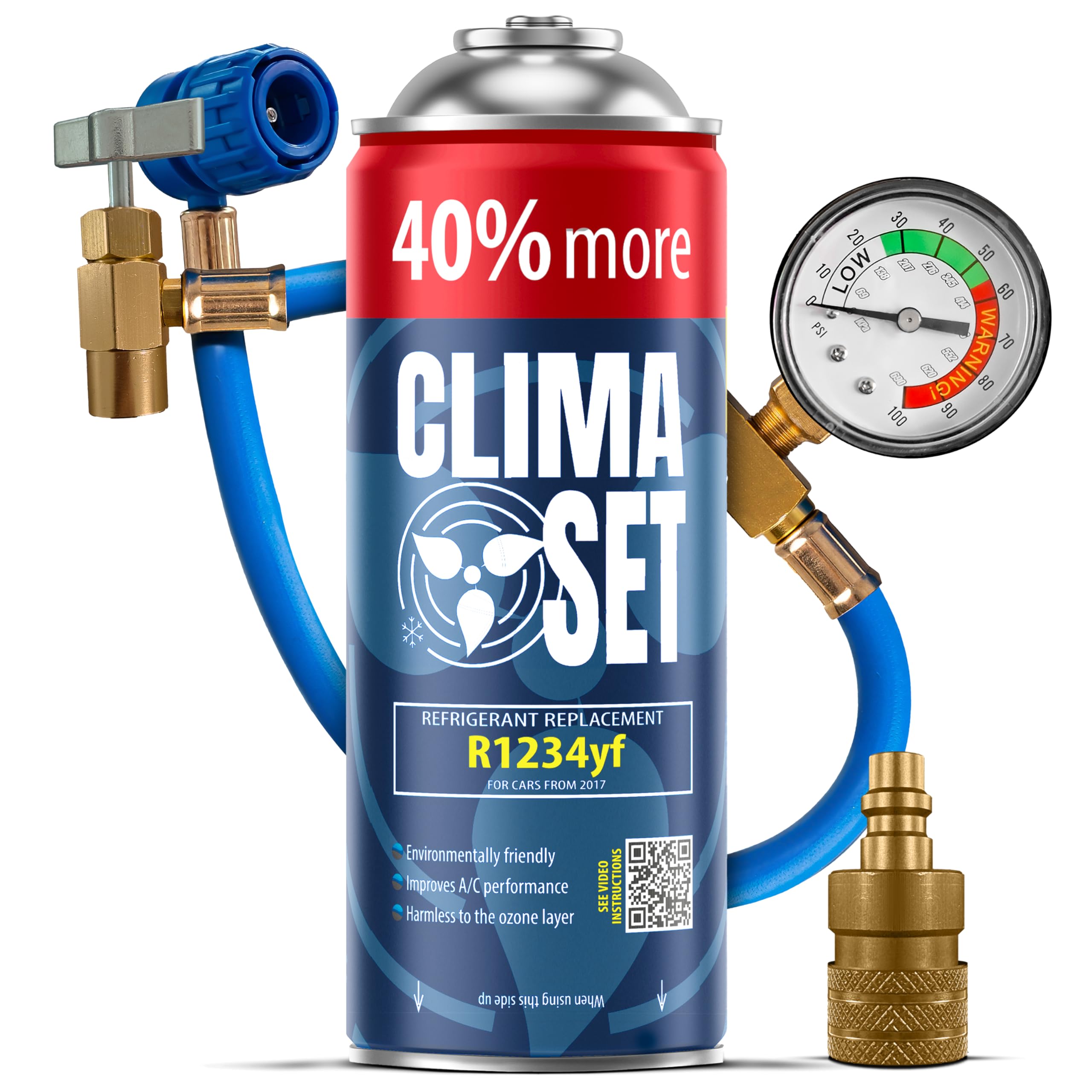 ClimaSet R1234yf - Gas di ricambio per refrigerante, condizionatore d'aria per auto, refrigerante, bombola del gas, 1 x 235 g, tubo dell'aria condizionata, manometro, aria condizionata, adattatore