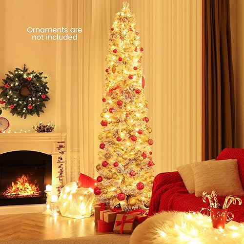 Miniatura 9 de HOMGX - Árbol de Navidad delgado de 6 pies, árbol de Navidad de nieve flocada con 373 puntas de rama, agujas de pino y 150 luces incandescentes,