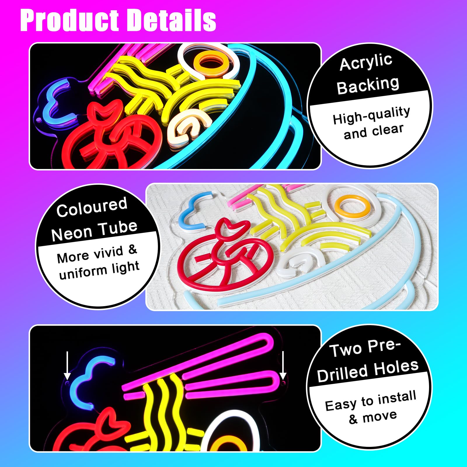 Ramen Neon Schild Bunt Led Neonschild Wand Noodles Neon Sign USB Nudeln Led Schild für Resturant Ramen-Laden Küche Snack-Bar Wohn-Esszimmer Brunch Party Home Store Geschenke