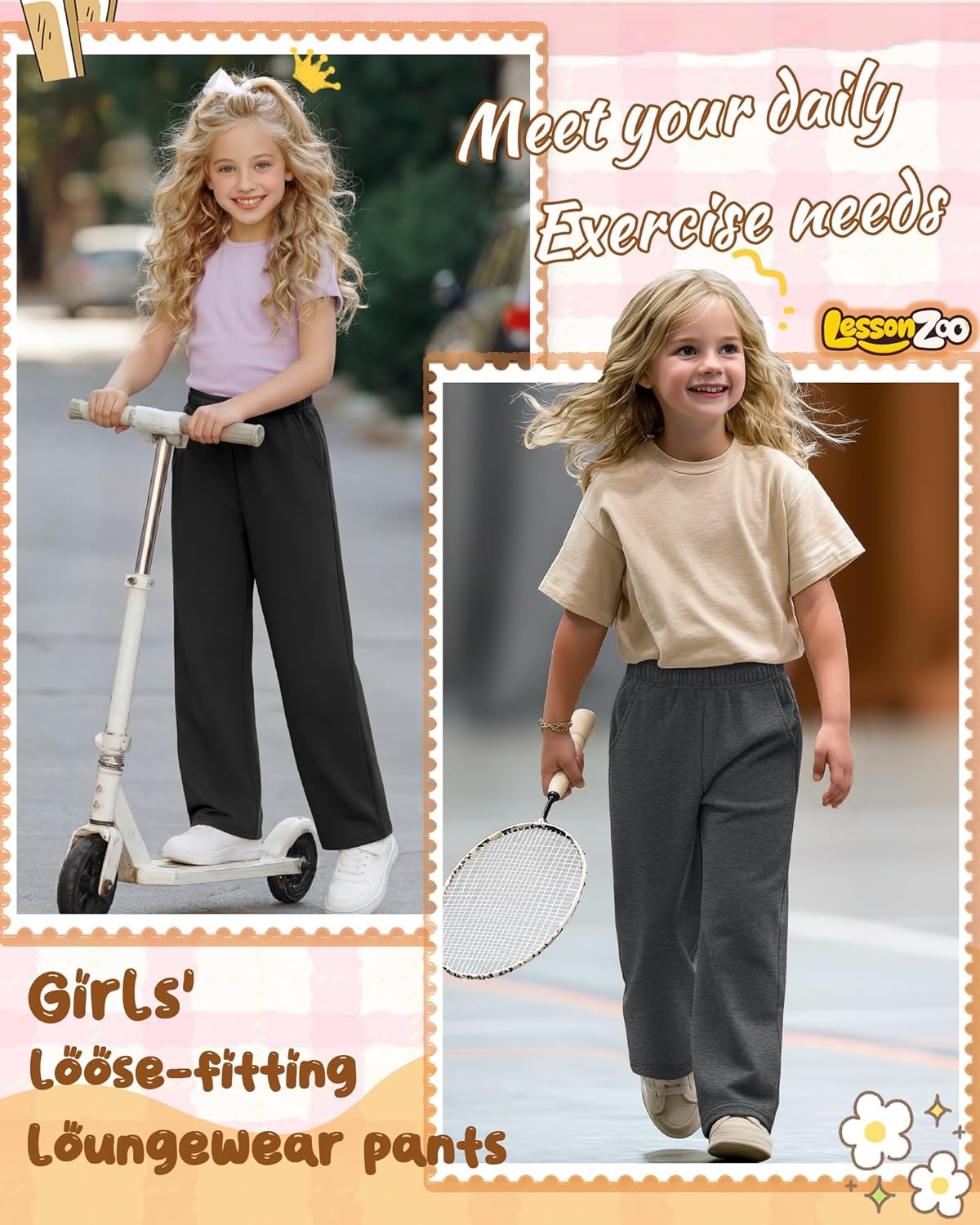 3 Pack Girls Wide Leg Sweatpants Kids Lightweight Joggers Open Bottom Baggy Pants Athletic with Pockets