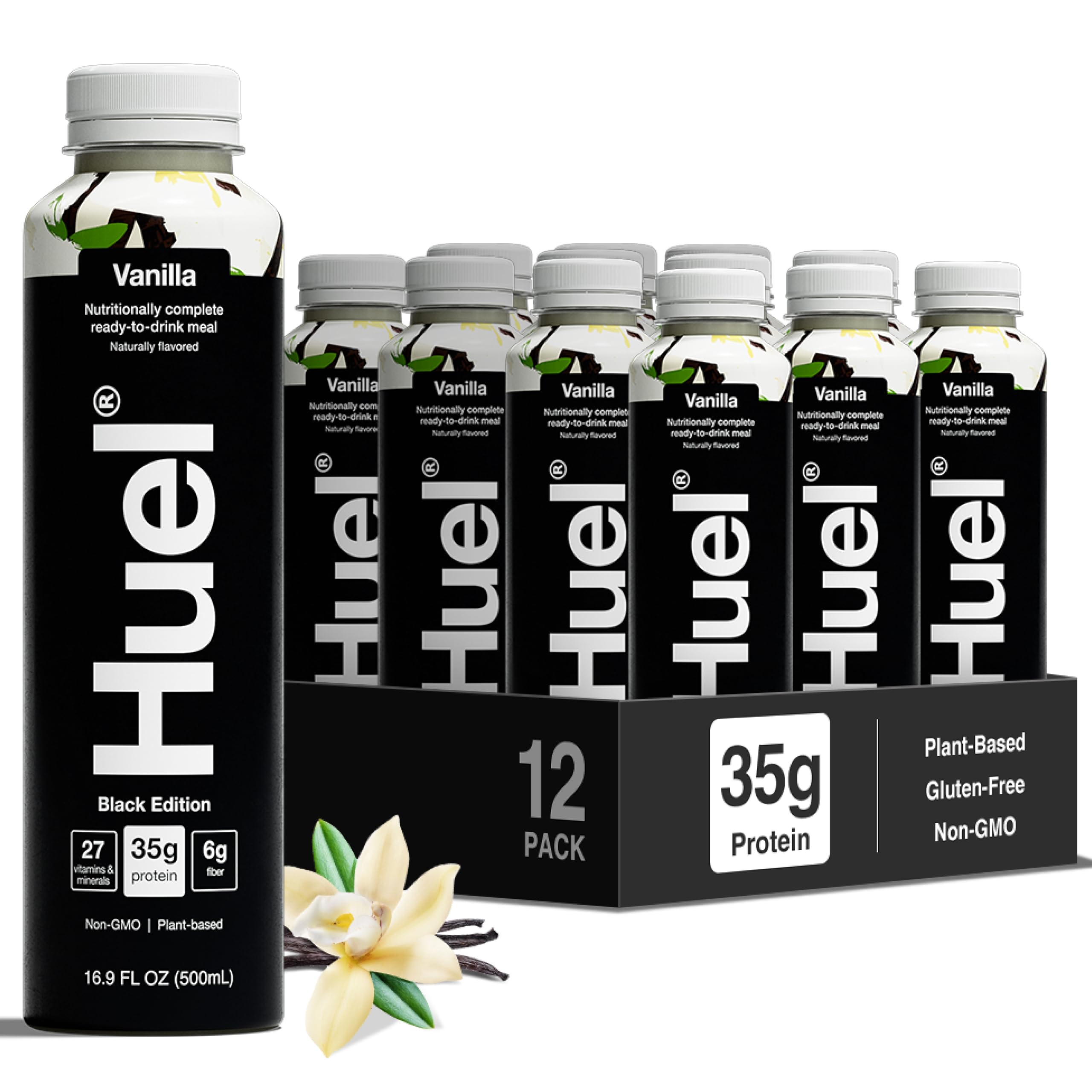 Huel Black Edition Ready-to-Drink | Vanilla Meal Replacement Shake | 35g High Protein Drink | 27 Vitamins & Minerals, Vegan, Gluten Free | Plant Based | High Fiber, Low Sugar | 16.9 Fl Oz, 12 Pack