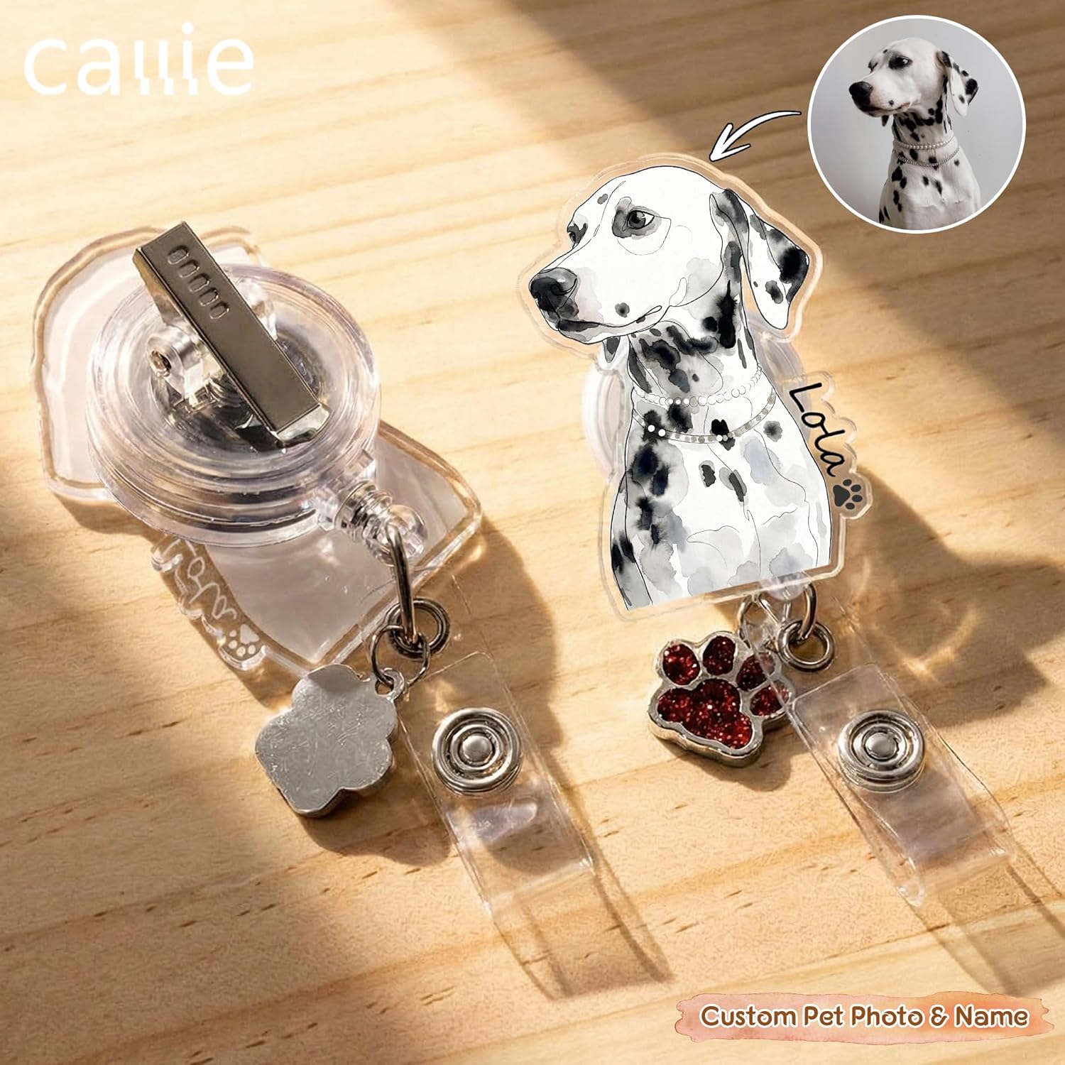 callie Custom Pet Photo Badge Reel - Personalized 1-3 Names & Dog Cat Pictures, Retractable ID Badge Holder with Alligator & Clip Paw Charm, Gifts for Pet Lovers Vet Nurse Doctor