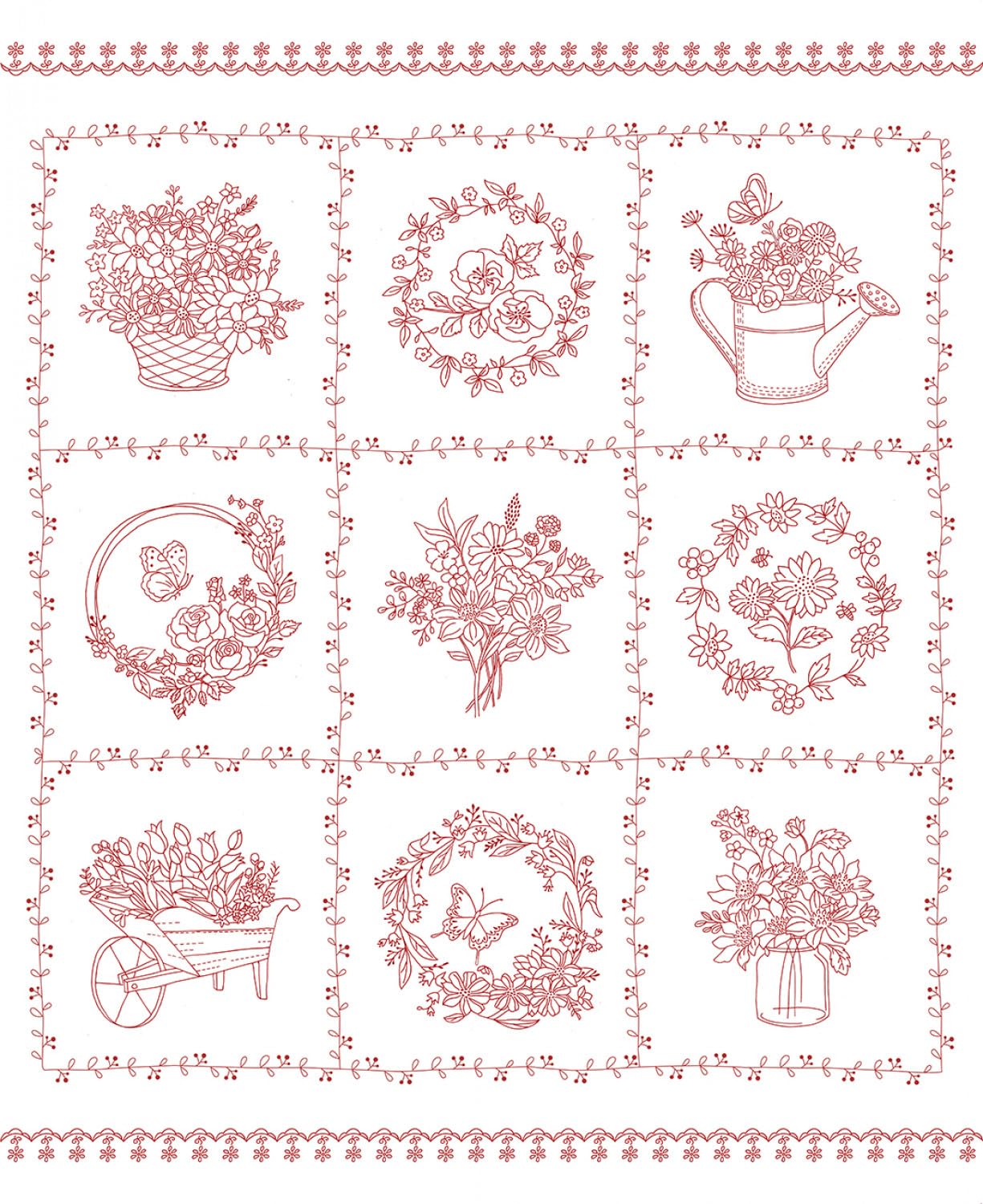 Timeless Treasures Garden Redwork 37" Redwork Floral Block Panel White, Fabric by The Panel