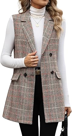 ELLEVEN Women's Long Plaid Vest