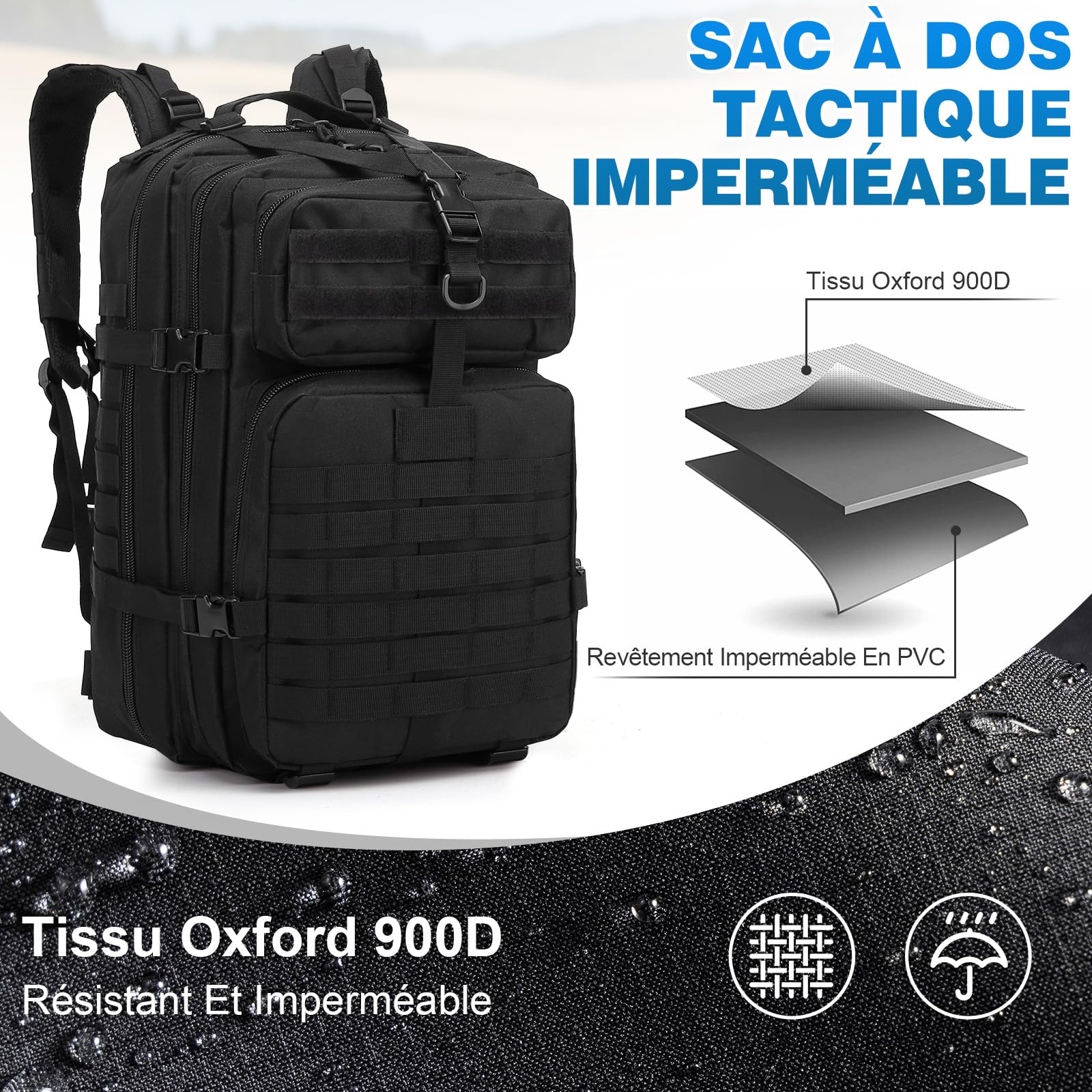 SHANNA Sac à Dos Militaire Tactique 45L de Grand Volume, Sac Multifonction Armée Molle Assaut Pack, Backpack Crossfit Randonnée pour Voyage Trekking Randonnée Camping École Pêche Alpinisme