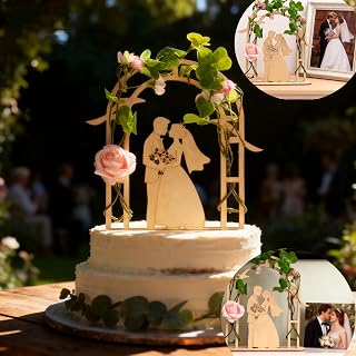 Handcrafted Wooden Wedding Cake Topper – Rustic Mr & Mrs Wooden Cake &Home Decor Keepsake,Floral Arch, Bride & Groom Silhouette,Keepsake for Anniversary & Engagement,Bridal Shower